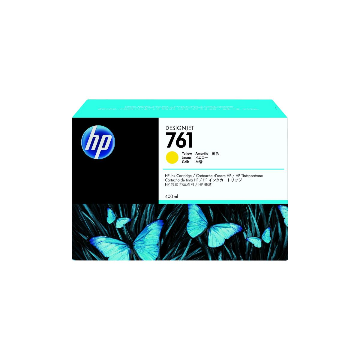 HP ink cartridge box with butterflies. Yellow ink, black background.