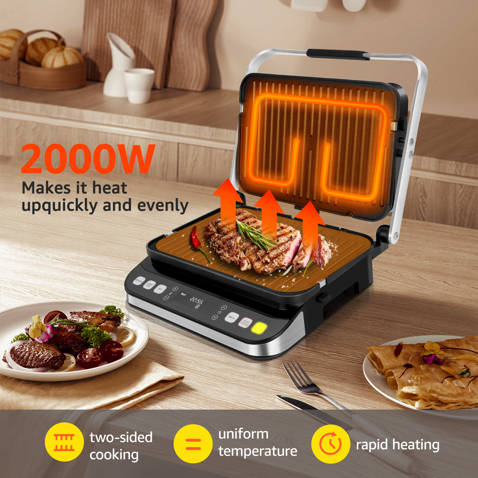 Parrilla eléctrica abierta con carne y verduras cocinándose. El texto dice: 2000W.