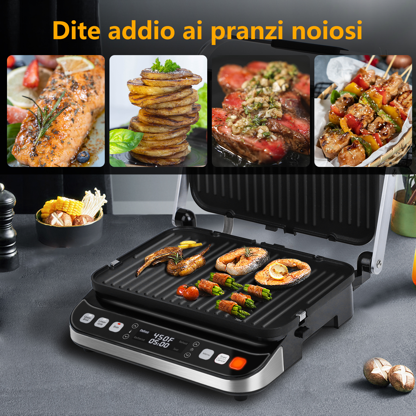 Parrilla eléctrica con comida, incluyendo salmón y verduras. Cuatro imágenes con comida arriba. Fondo gris.