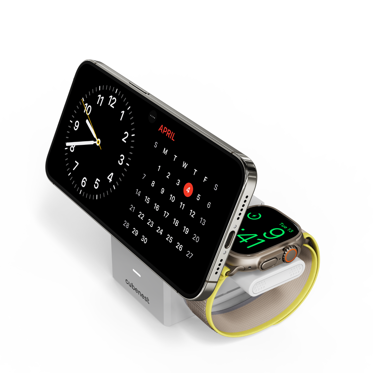 Ein Telefon, das auf einem weißen Pad neben einer Apple Watch geladen wird.