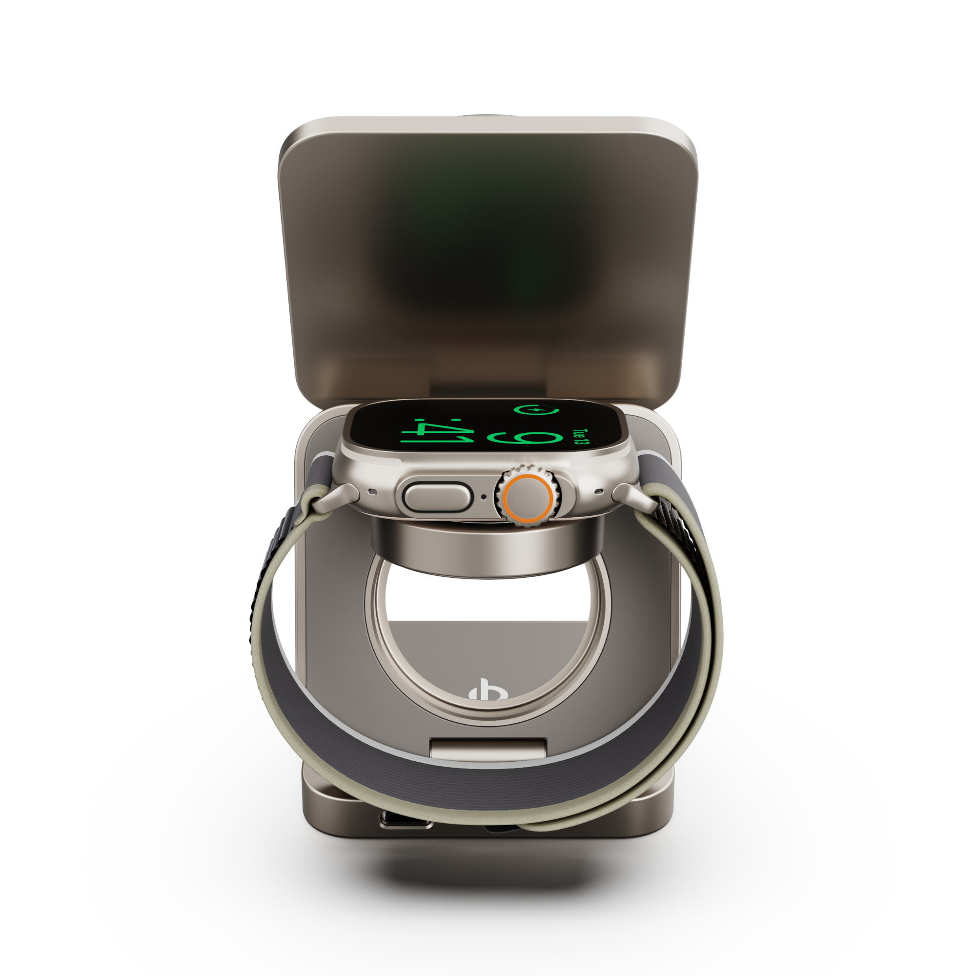 Uno smartwatch in un supporto di ricarica, che mostra un display digitale, su sfondo bianco.