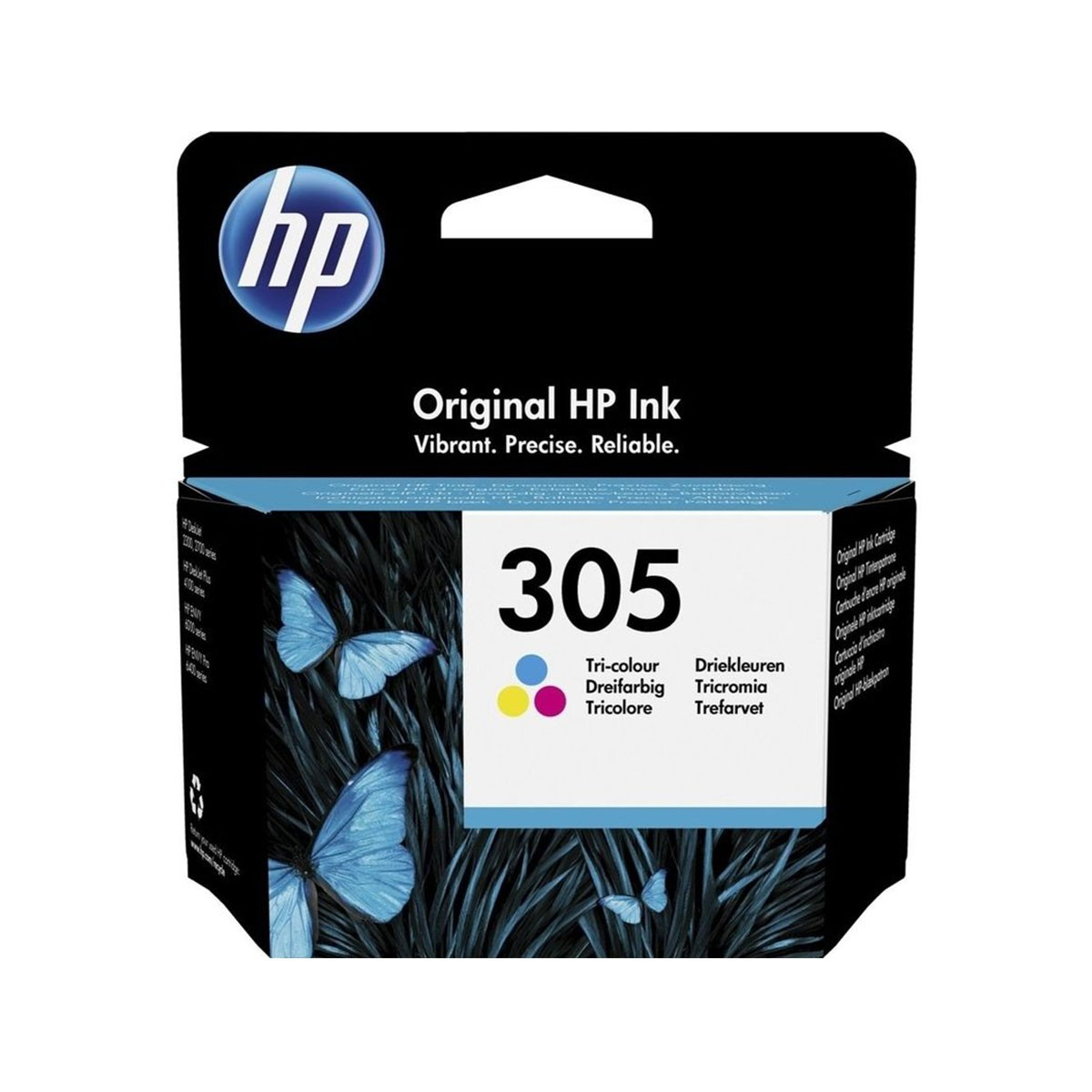 HP inktcartridge verpakking. Zwarte achtergrond, blauwe vlinders, inktkleuren.