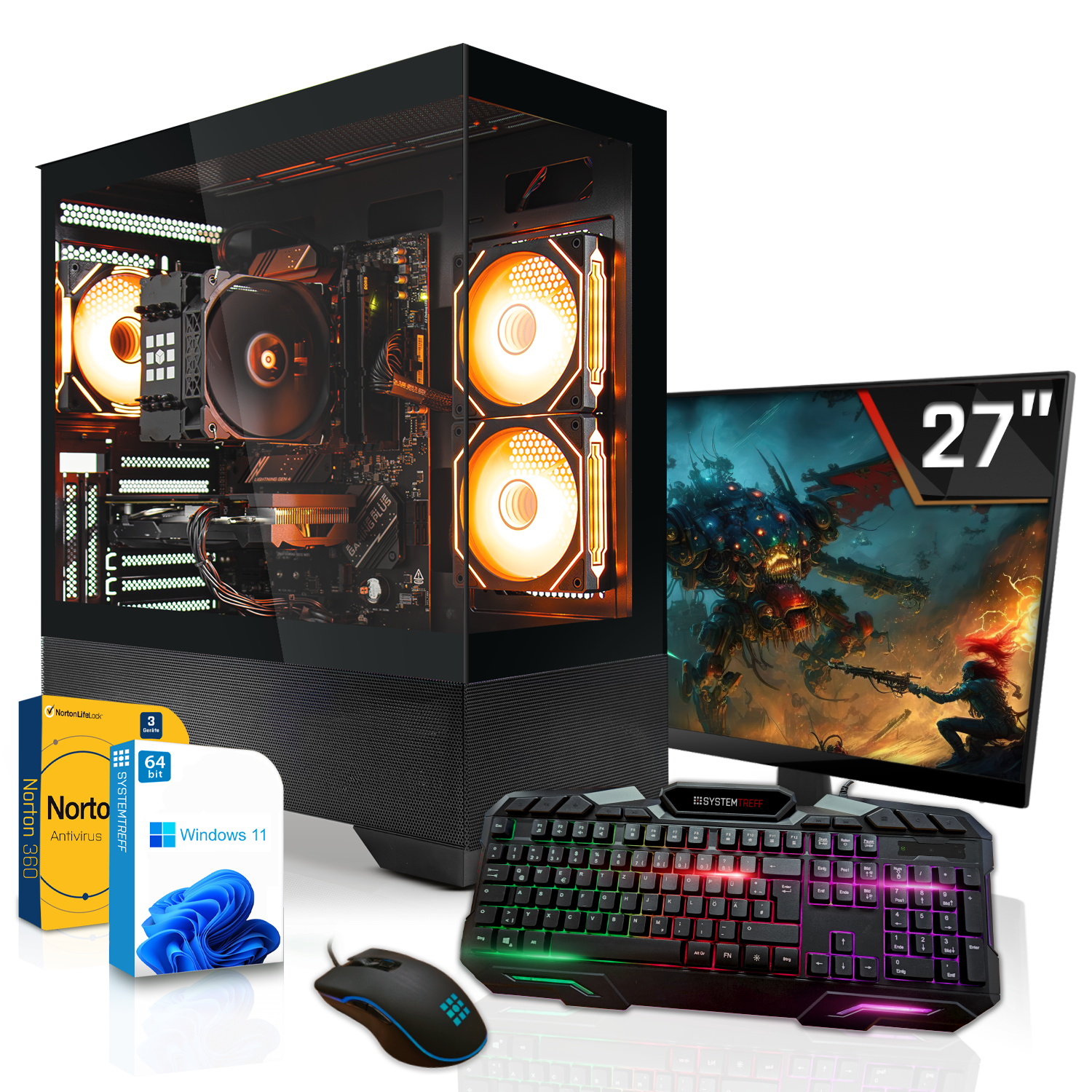 Gaming-PC-Setup: PC mit orangefarbenen Lüftern, 27" Monitor, Tastatur, Maus, Norton Antivirus und Windows 11.