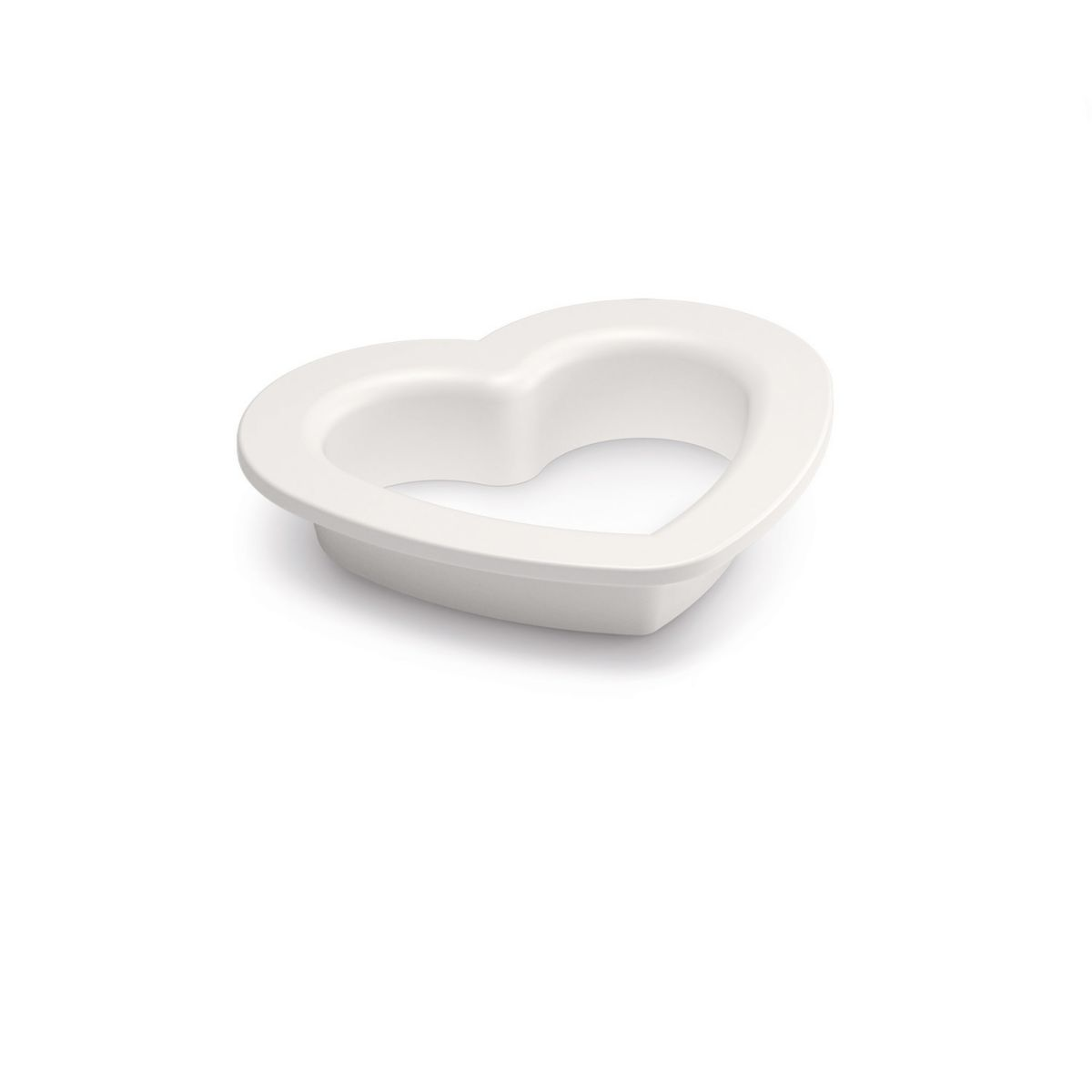 A white heart-shaped cookie cutter on a white background. The heart has a raised rim.