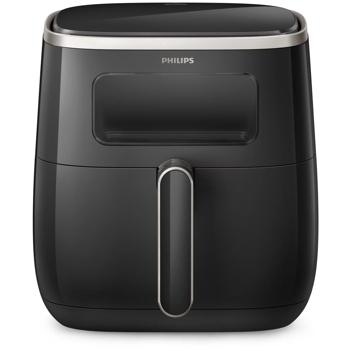 Eine schwarze Heißluftfritteuse mit Griff, einem durchsichtigen Fenster und der Marke PHILIPS.