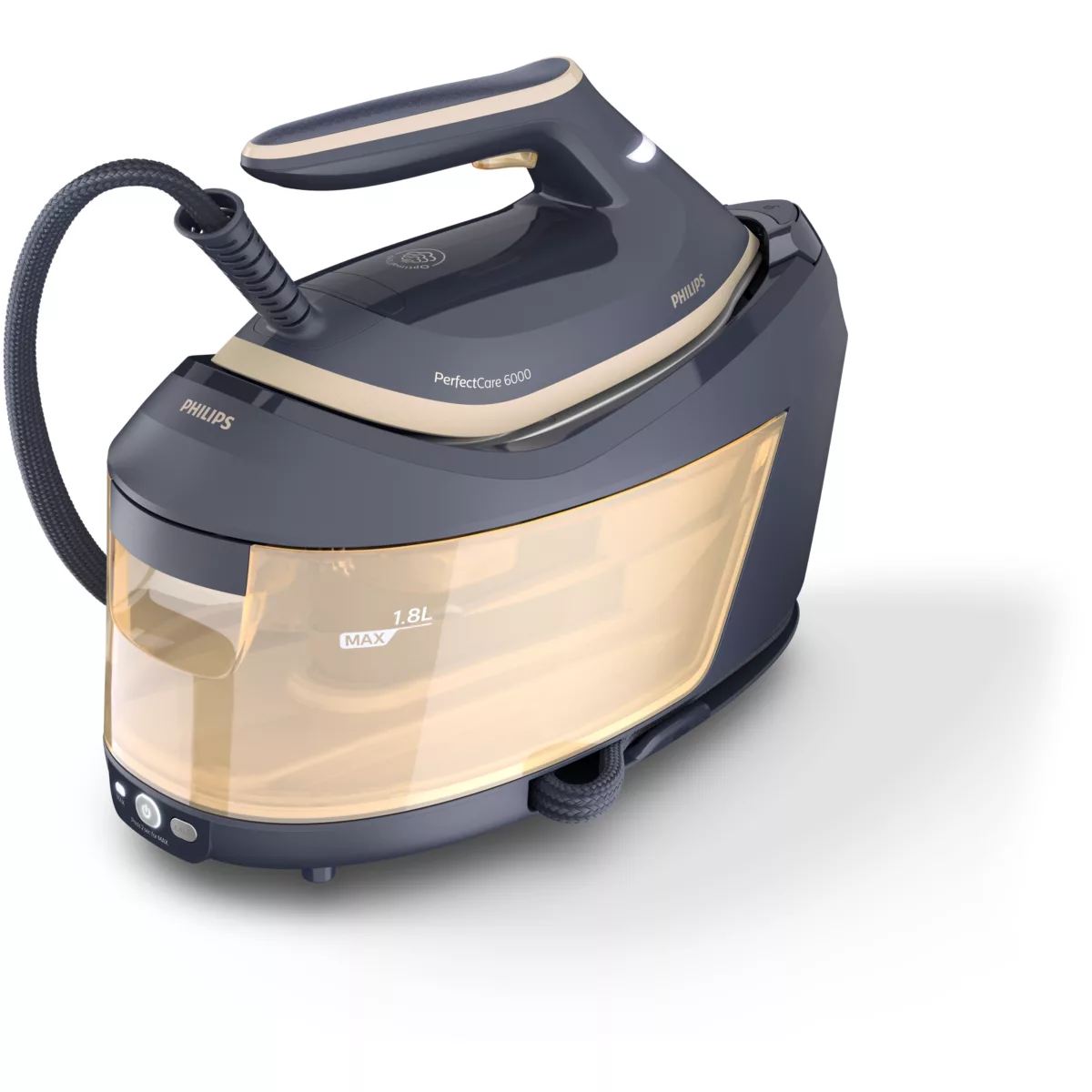 Dunkelblaues und beige Philips Bügeleisen mit Wassertank und langem Kabel.