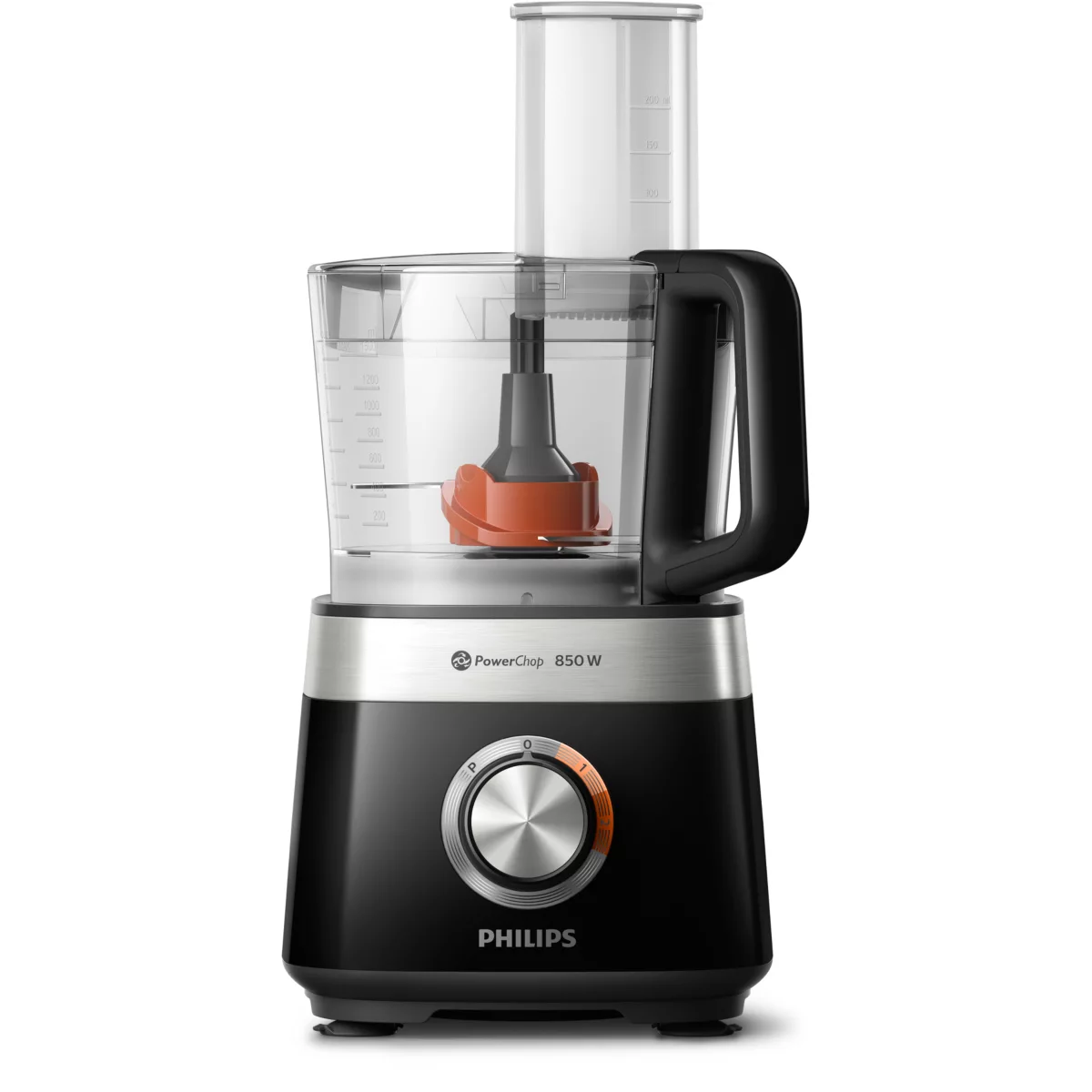 Schwarzer Foodprocessor mit transparentem Behälter und schwarzem Griff.