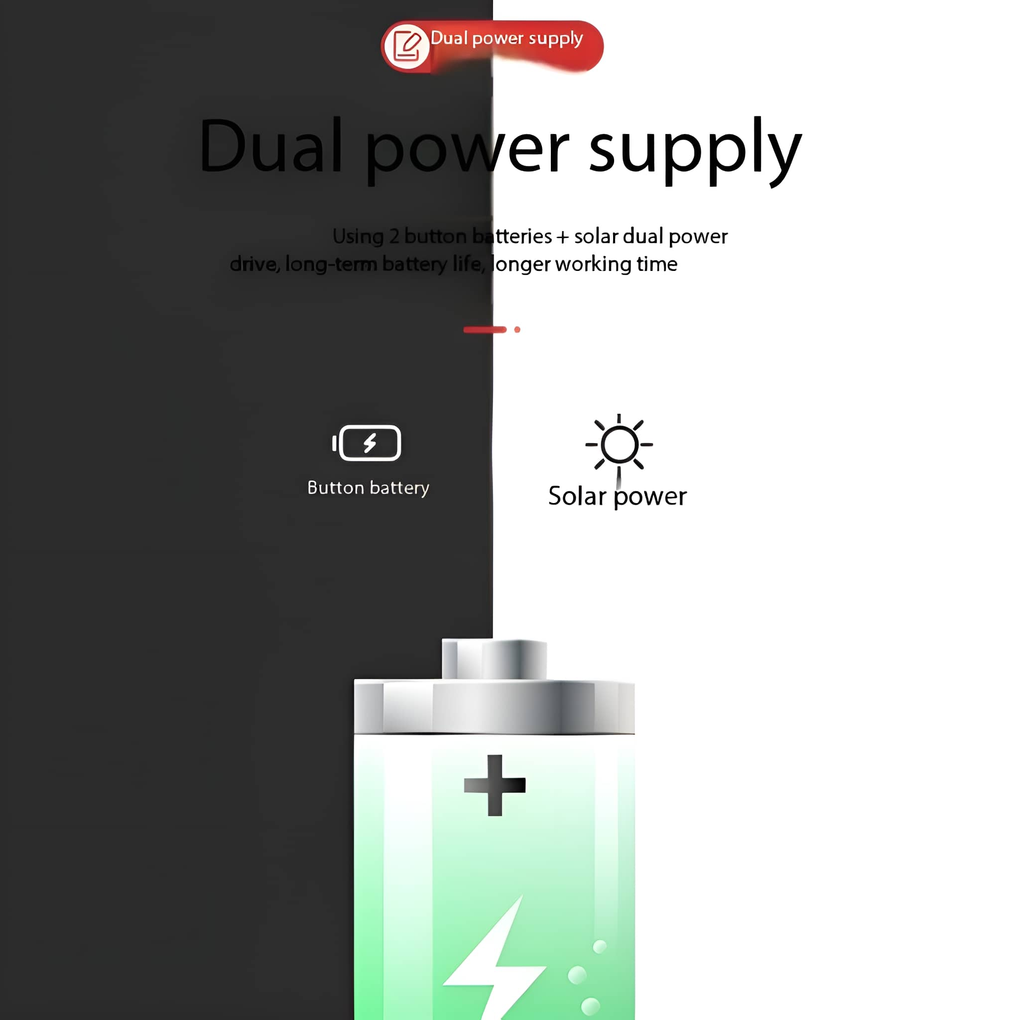Illustration, die eine duale Stromversorgung zeigt, mit einer Knopfbatterie und einem Solarpanel.