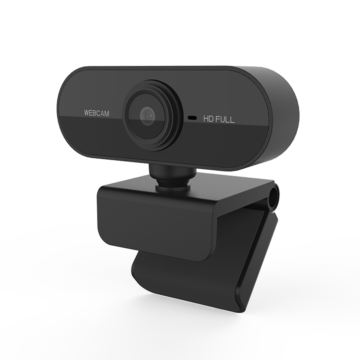 Eine schwarze Webcam mit Halteclip. Die Webcam ist mit 'WEBCAM' und 'HD FULL' beschriftet.