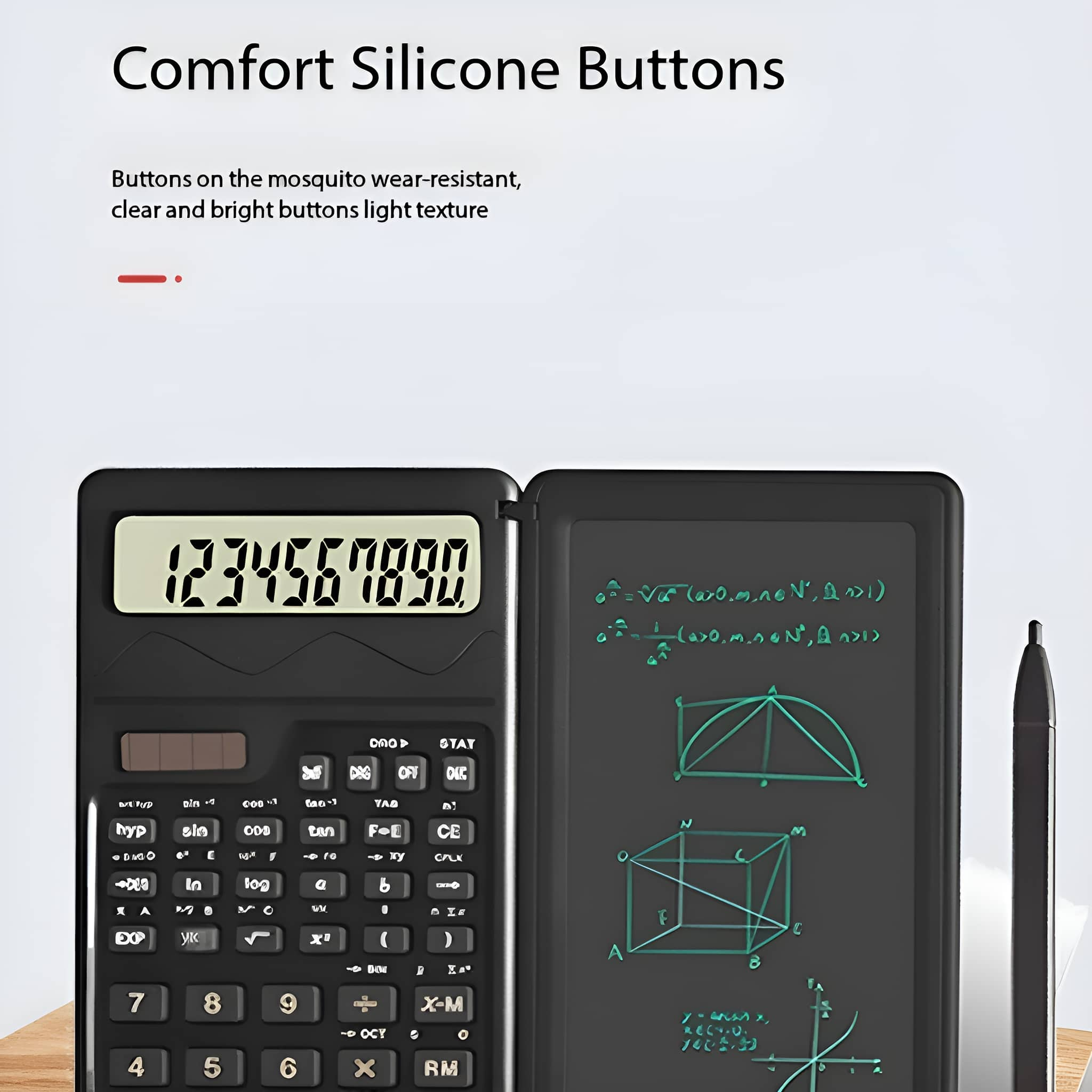 Ein schwarzer Taschenrechner und ein Tablet mit Stift, das mathematische Formeln und Diagramme zeigt.