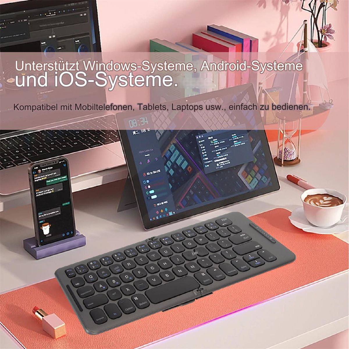 Tastatur auf dem Schreibtisch mit Telefon, Tablet, Lippenstift und Kaffeetasse. Tablet zeigt Bildschirm. Text oben.