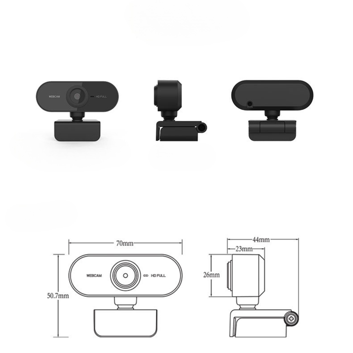Webcam in drei Ansichten, mit Abmessungen. Schwarze Webcam mit Objektiv. Diagramm.