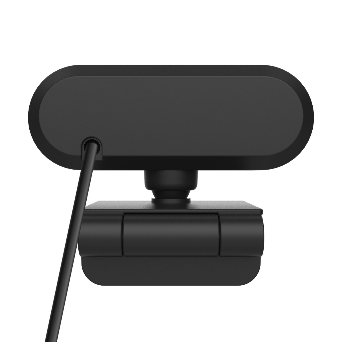 Nahaufnahme einer schwarzen Webcam, die das Objektiv und das Design des Geräts zeigt.