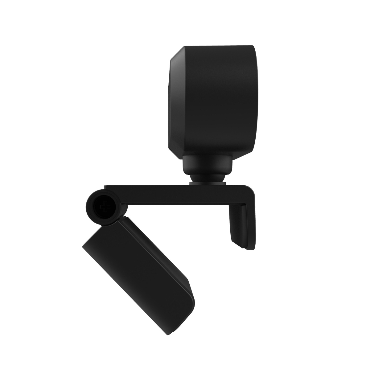 Schwarze Webcam mit verstellbarem Clip, vor weißem Hintergrund, zeigt Vorder- und Seitenansicht.