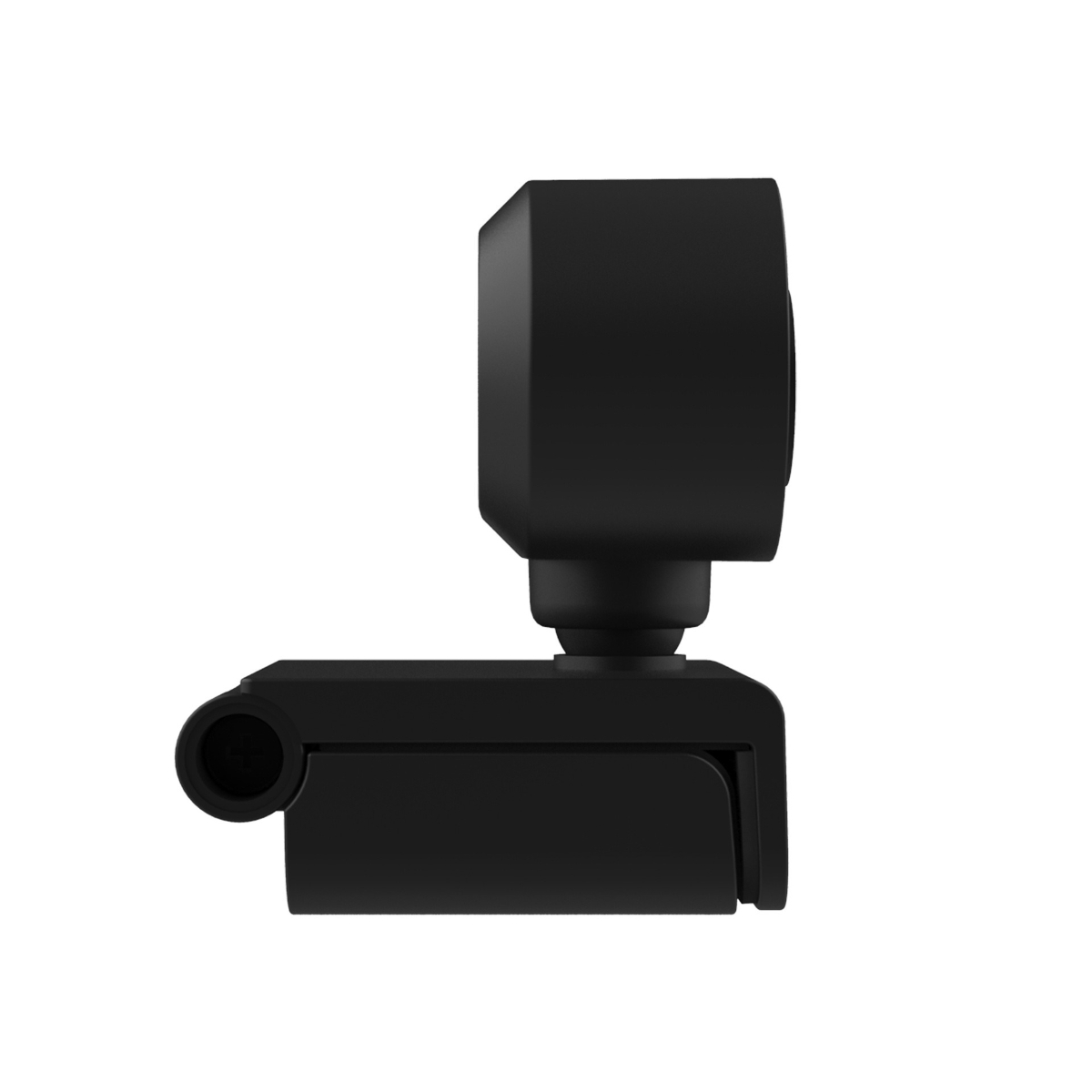 Eine schwarze Webcam auf weißem Hintergrund. Die Kamera ist rechteckig und hat ein Objektiv und einen Ständer.