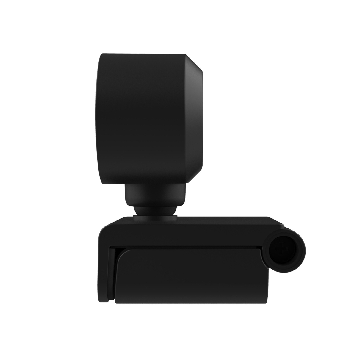 Eine schwarze Webcam mit rechteckigem Gehäuse und kleinem, verstellbarem Sockel. Sie ist auf Weiß isoliert.