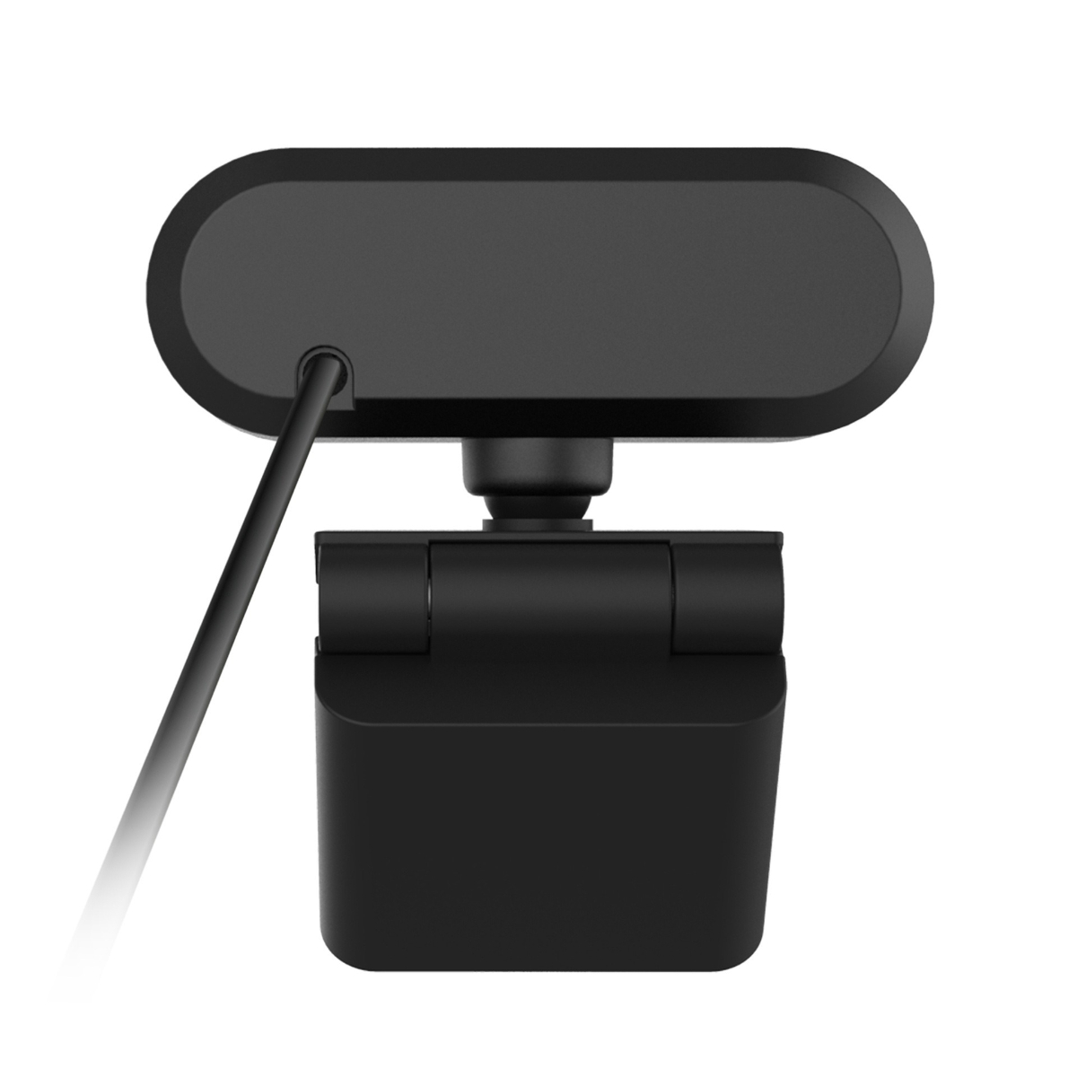 Eine schwarze Webcam mit langem, gebogenem Oberteil und einem Scharnierfuß. Ein Kabel geht vom Oberteil aus.