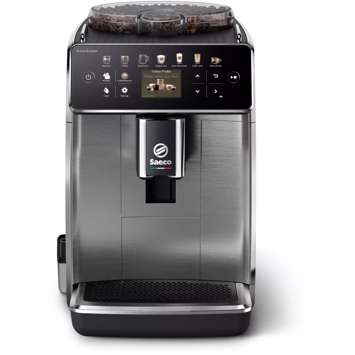 Silberne und schwarze Kaffeemaschine mit Touchscreen. Zeigt Kaffeeoptionen. Hat das Saeco-Logo.