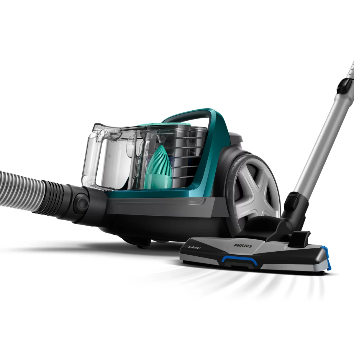 Staubsauger mit teal-grauem Gehäuse, Schlauch und Bürste. Weißer Hintergrund.