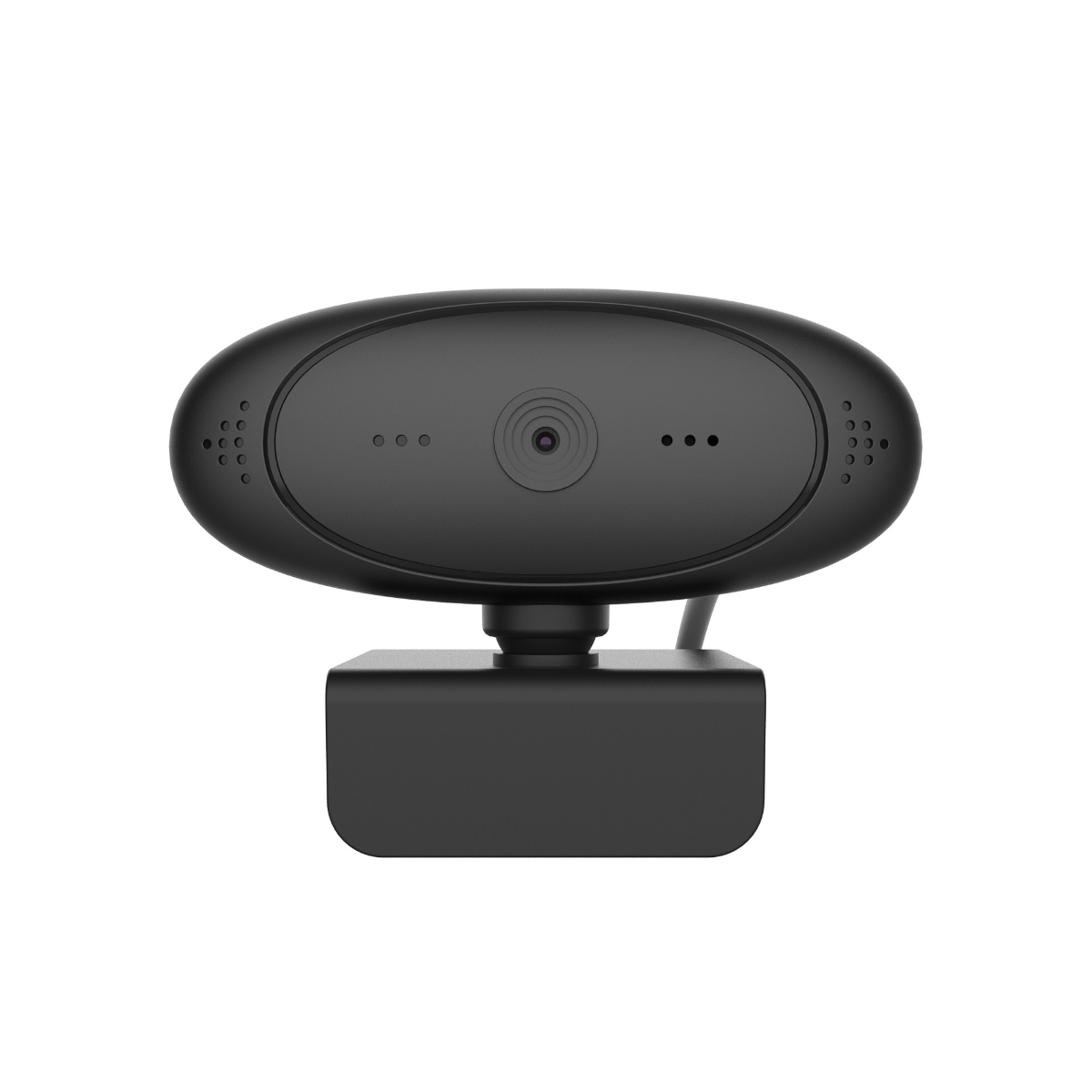 Schwarze Webcam mit abgerundetem Design. Sie steht auf einem rechteckigen Sockel. Das Objektiv ist zentriert.