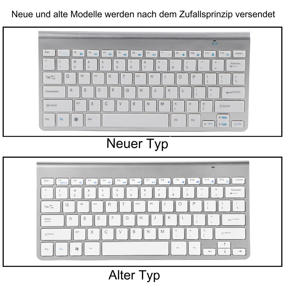 Zwei Tastaturen: eine silberne mit modernem Layout und eine ältere silberne Tastatur.