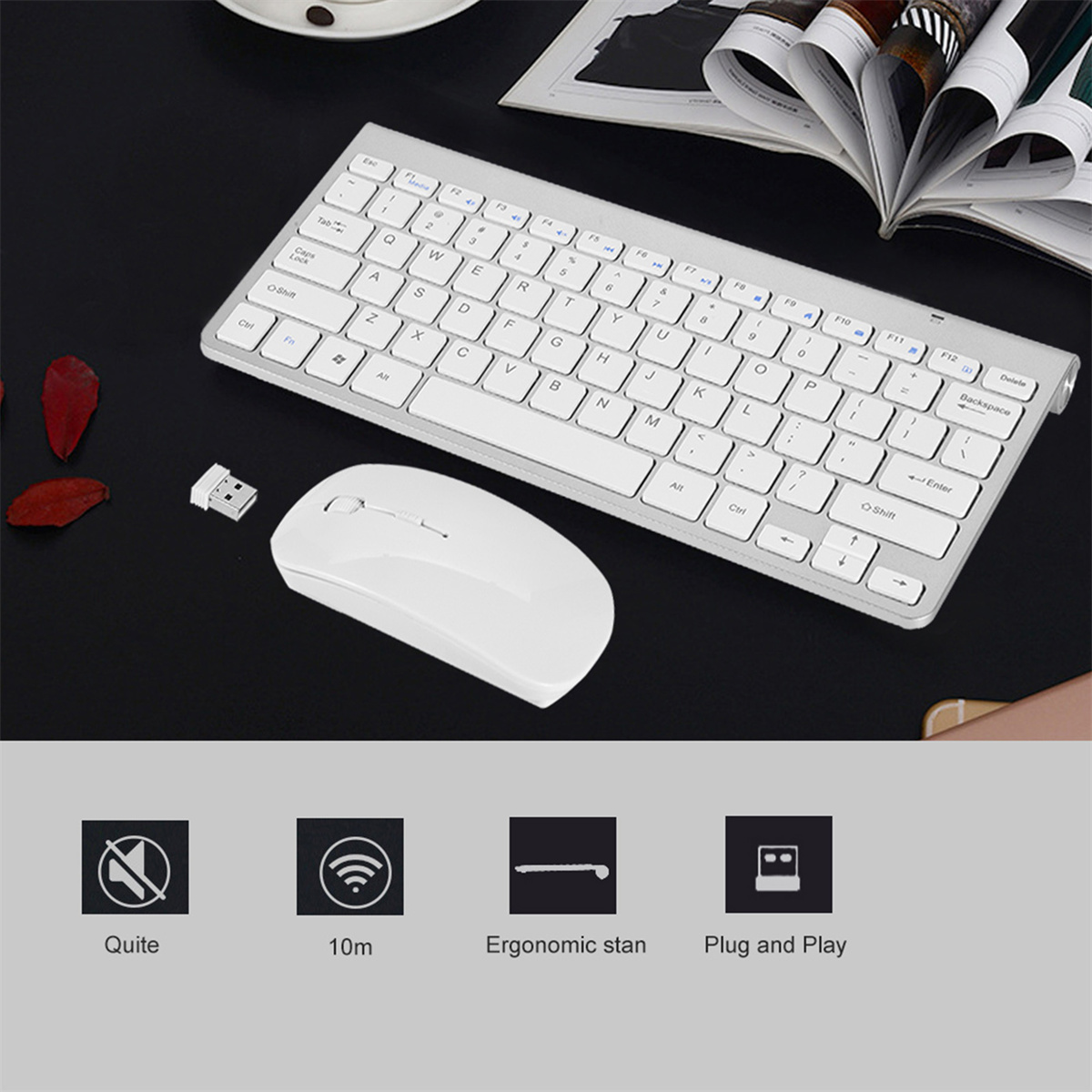 Weiße drahtlose Tastatur und Maus auf schwarzem Untergrund mit Symbolen für Funktionen: leise, Reichweite, Ständer und Plug-and-Play.