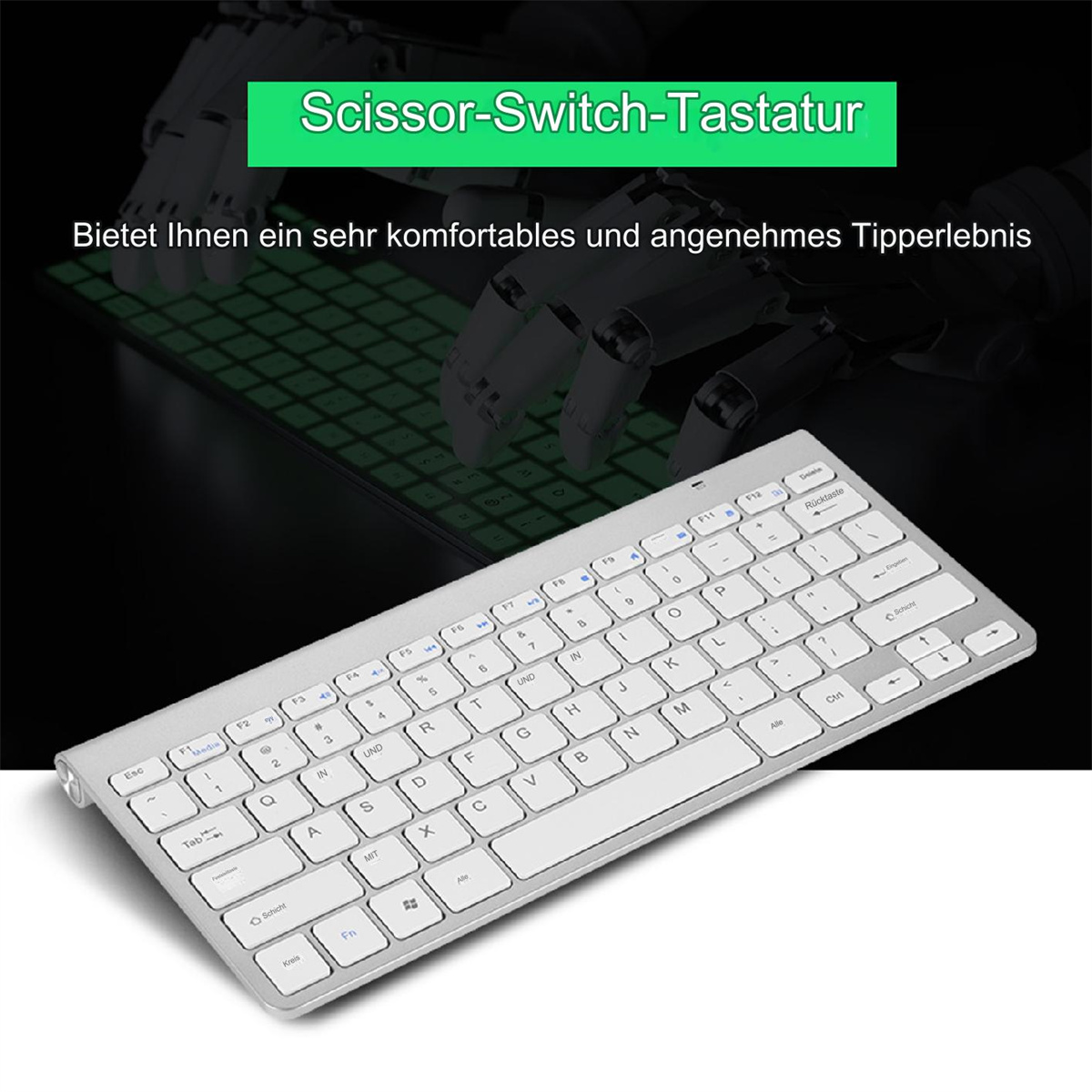 Weiße Tastatur mit silbernem Rahmen. Text weist auf Scherenschalter-Technologie für komfortables Tippen hin.