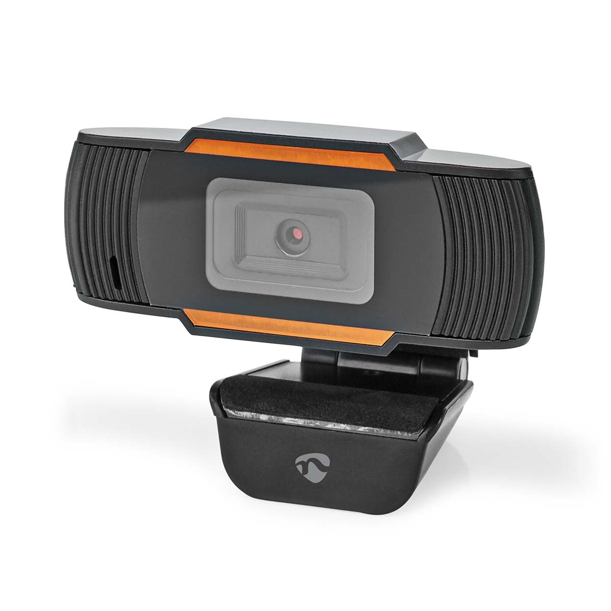 Una webcam nera con accenti arancioni, su un supporto nero.