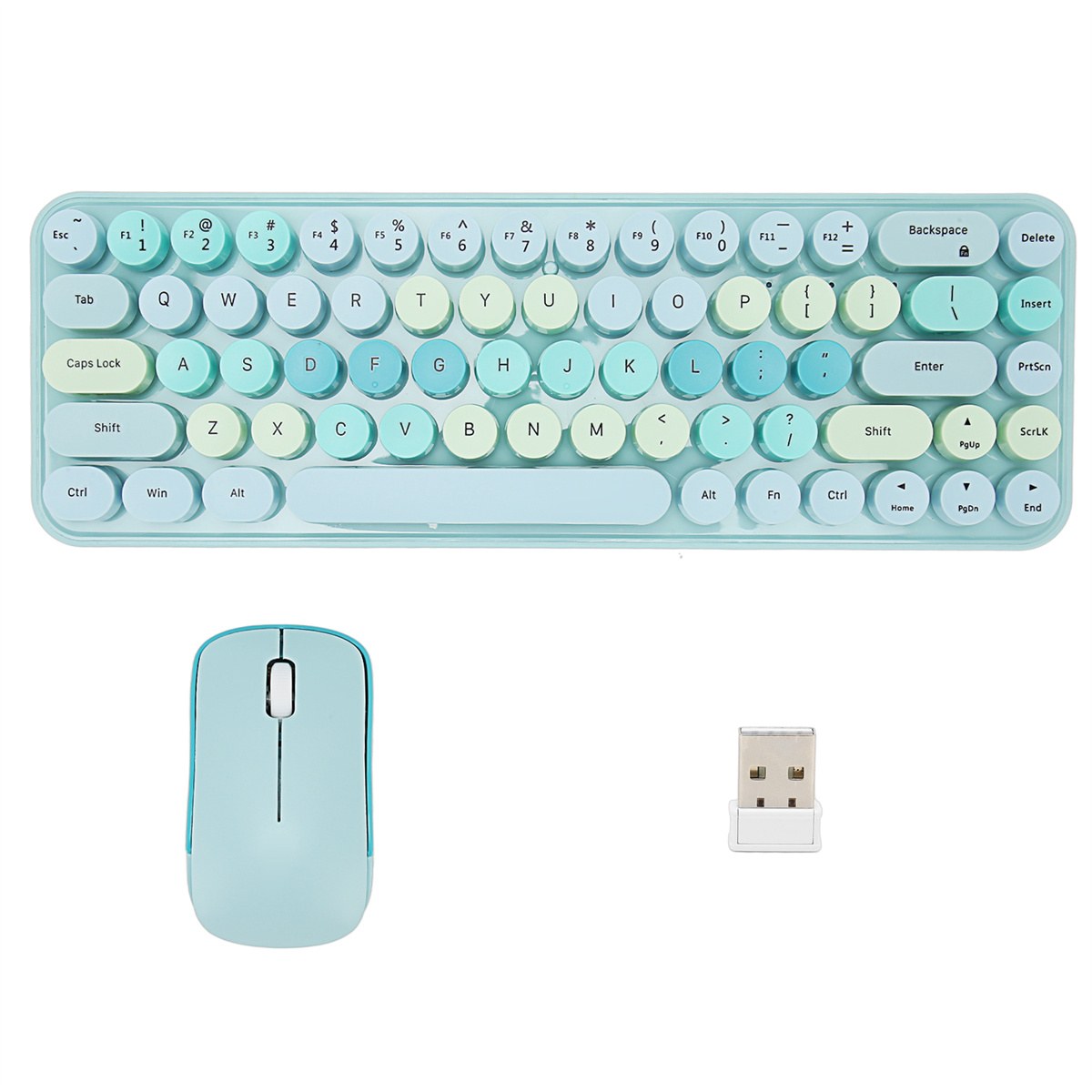Blaue und weiße kabellose Tastatur mit passender Maus und USB-Empfänger.