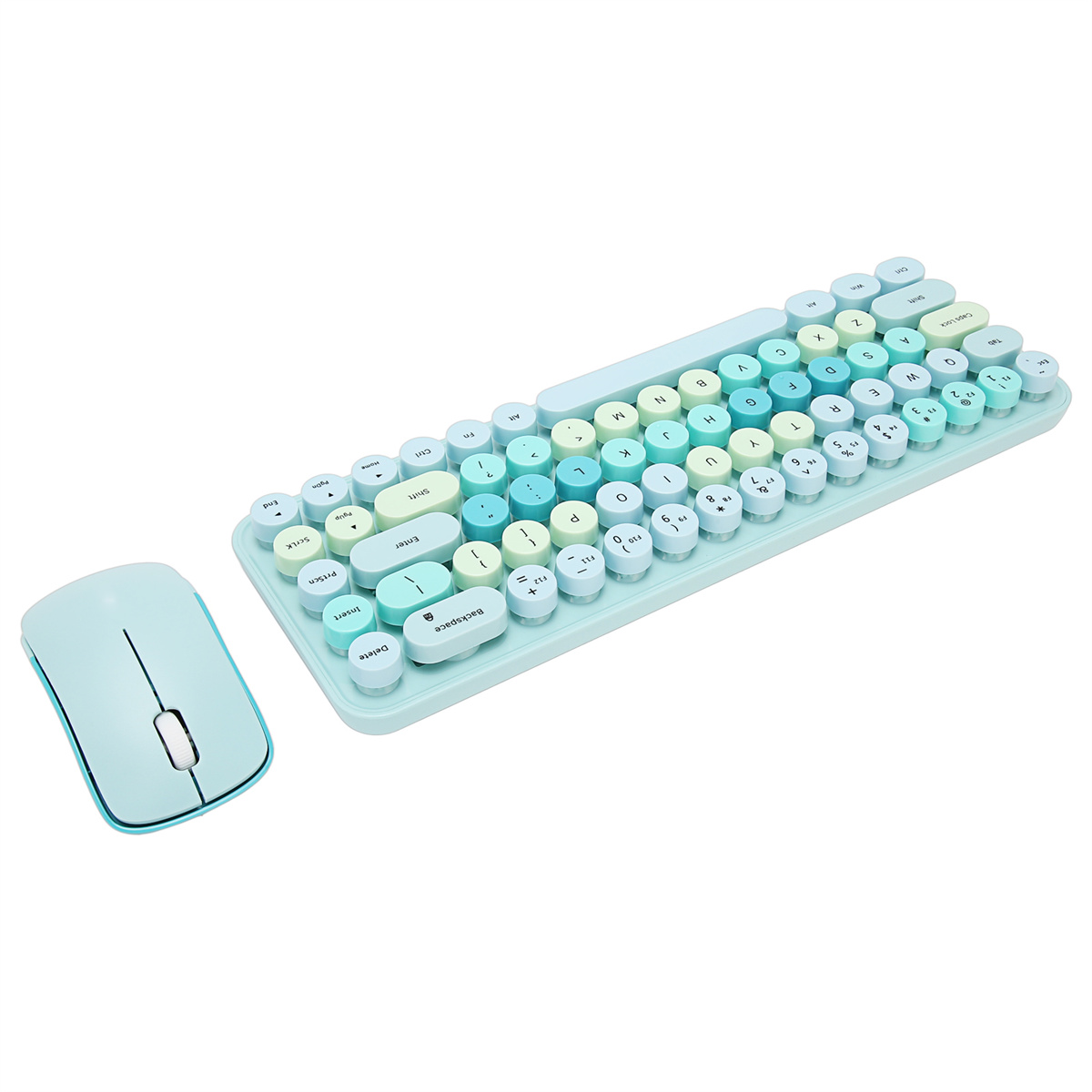 Ein hellblaues Tastatur- und Maus-Set auf weißem Hintergrund, Retro-Tasten.