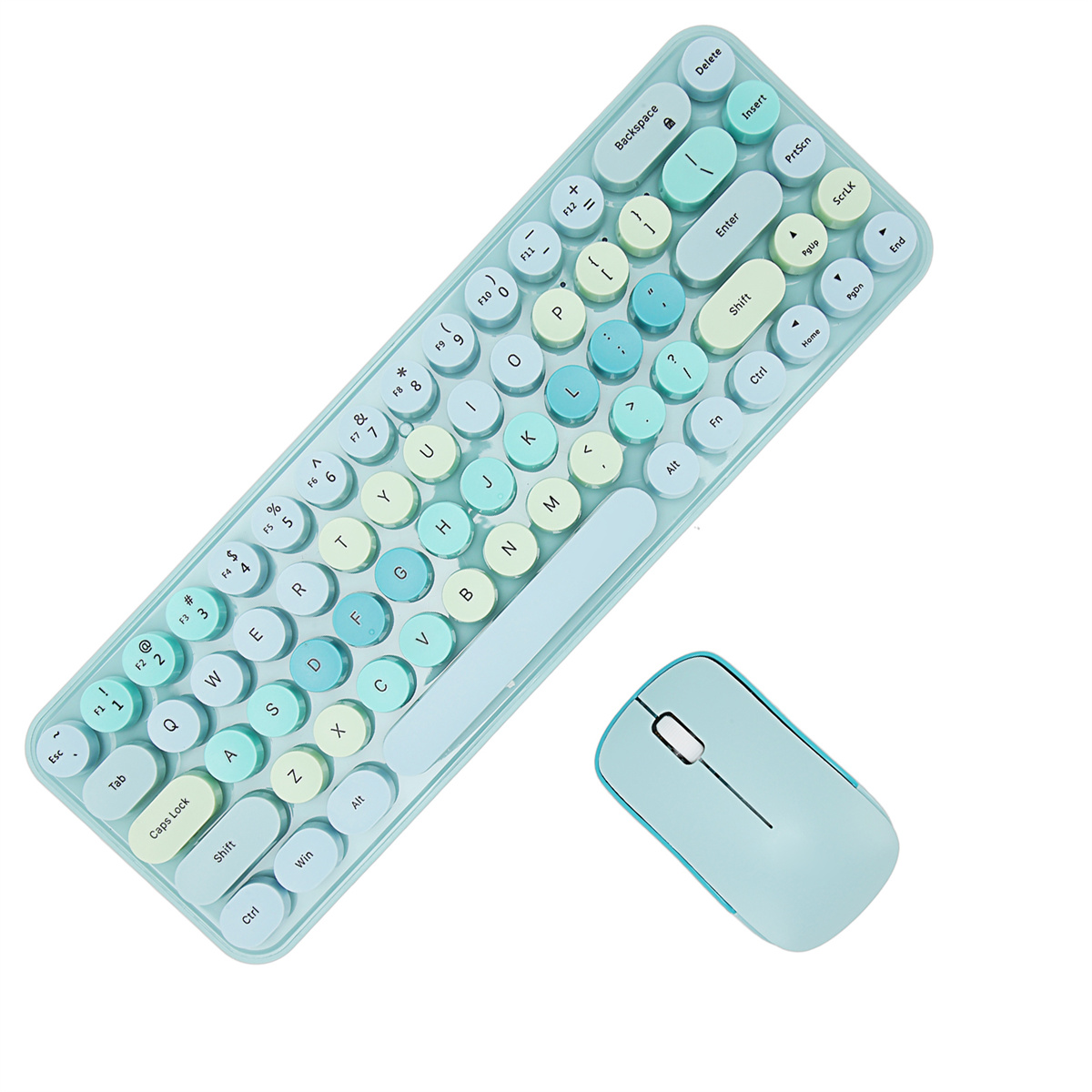 Ein Tastatur- und Maus-Set im Retro-Stil in Hellblau. Die Tasten sind rund und farbenfroh.