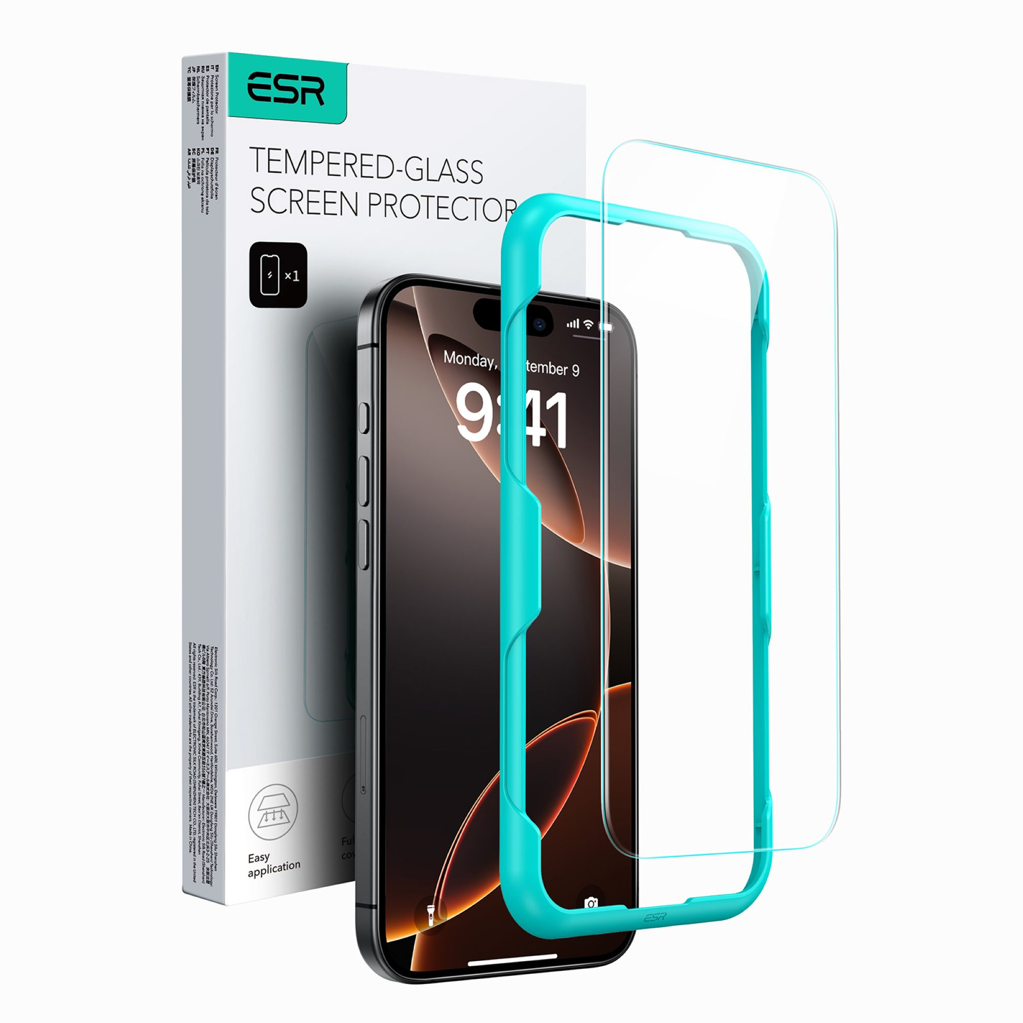 Telefono con protezione schermo e scatola. Il telefono ha una cornice verde acqua. La scatola ha un'immagine e un testo.