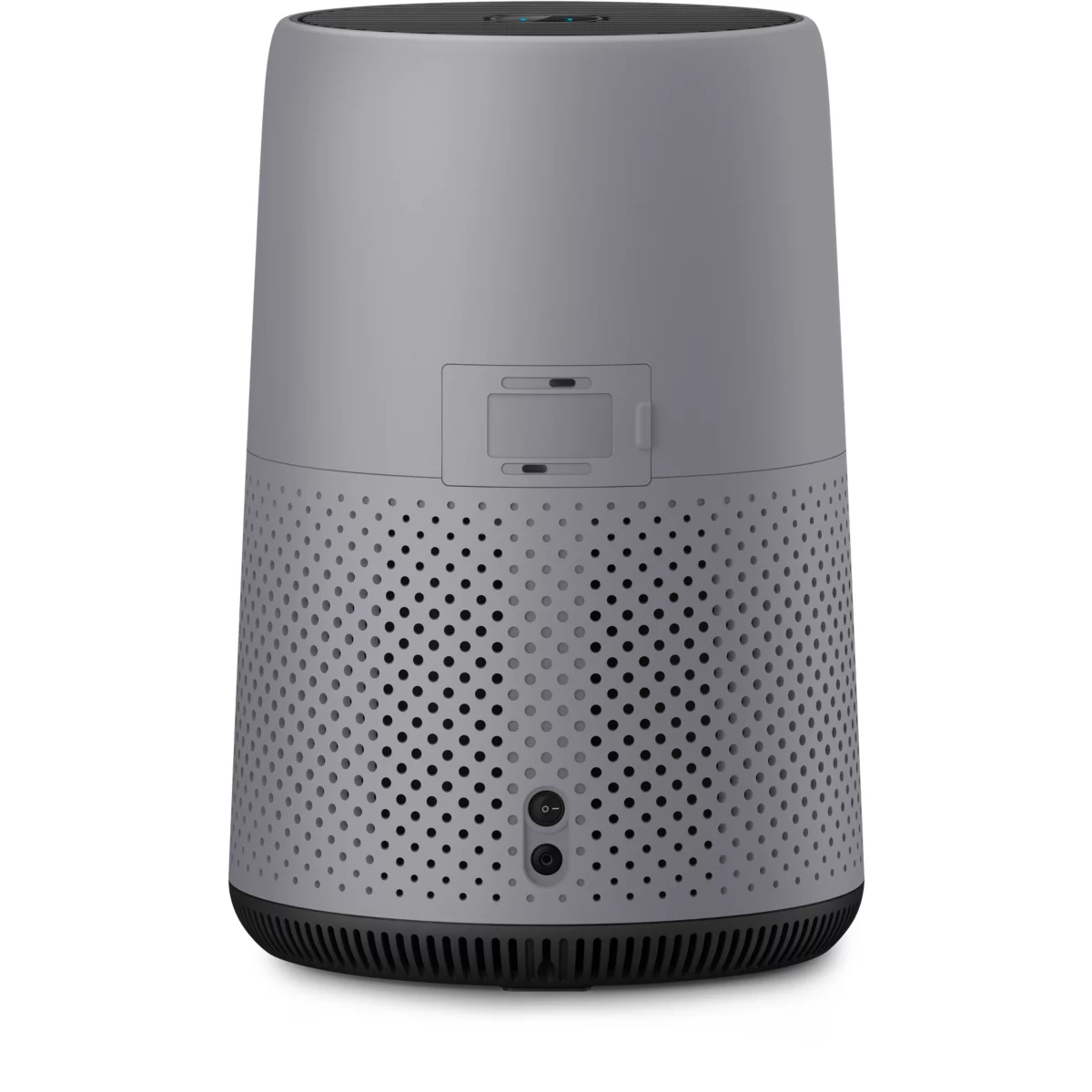Gray cylindrical speaker with a perforated lower section and controls, on a white background.