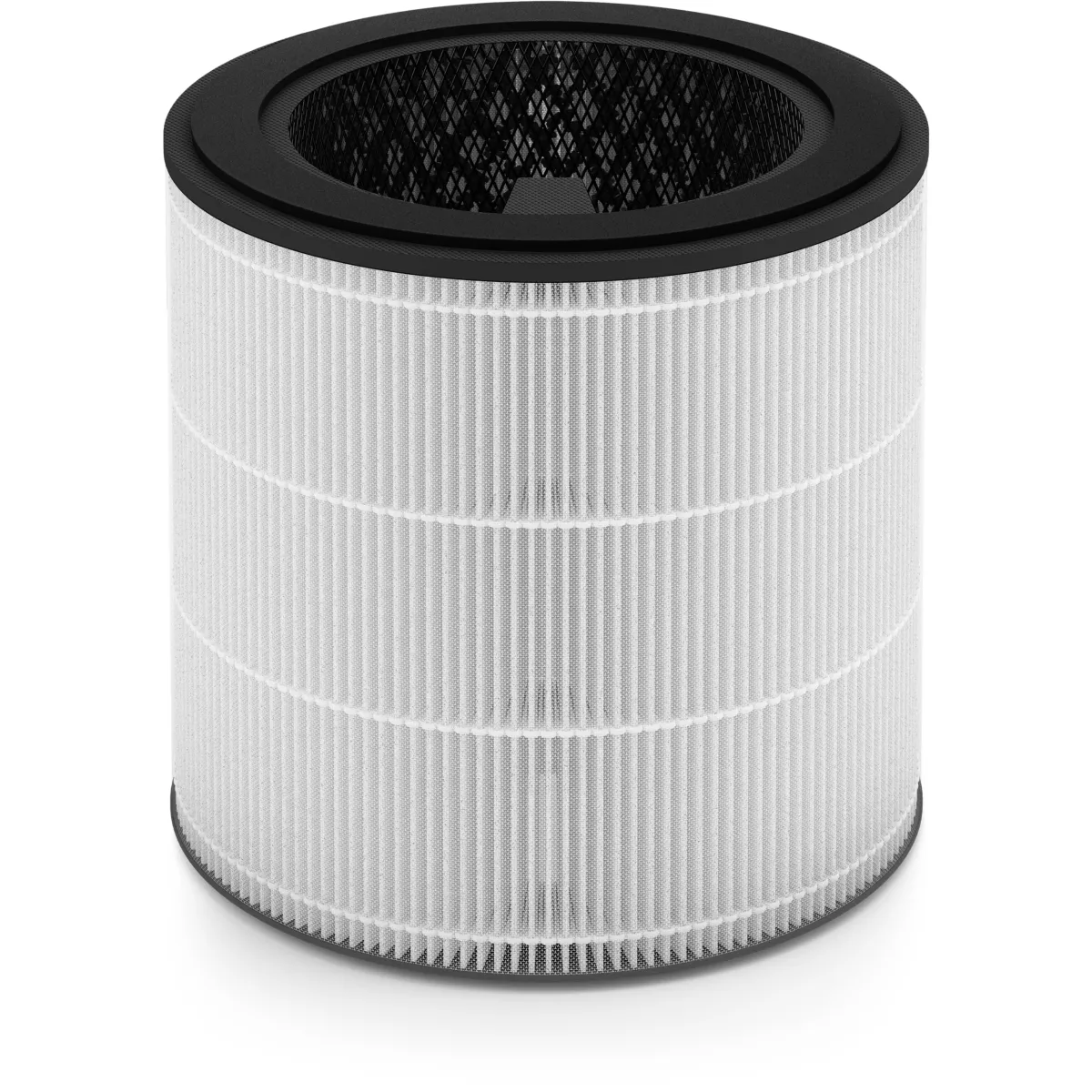 White cylindrical air filter with a black top and base, showing a grid pattern.