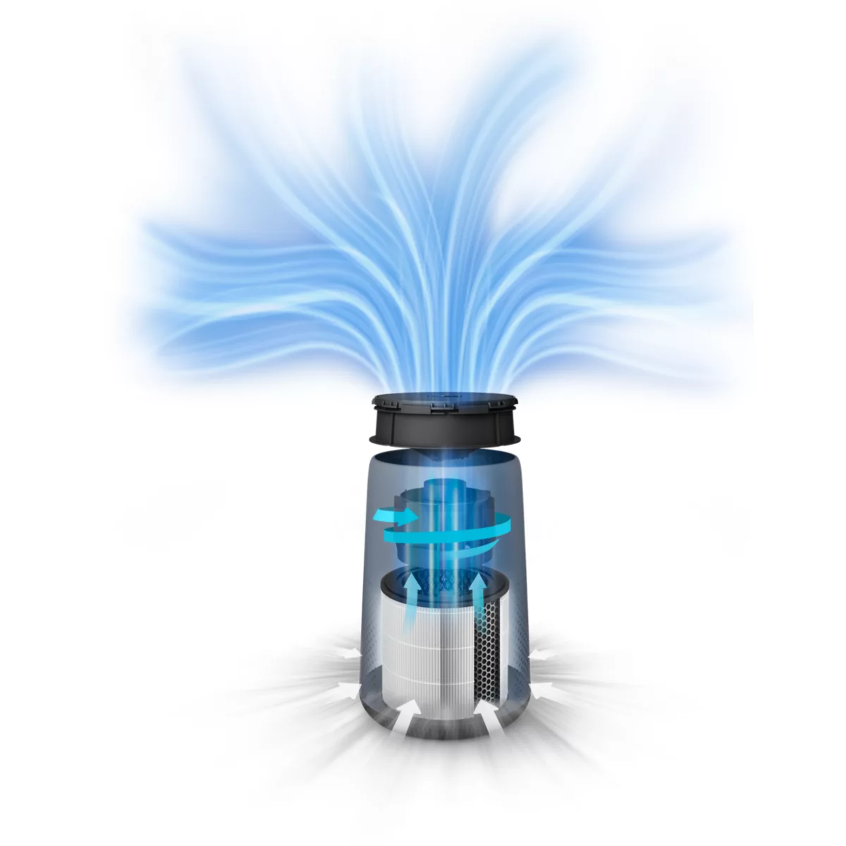Air purifier with blue air flow illustration. The device is cutaway to show the internal components.