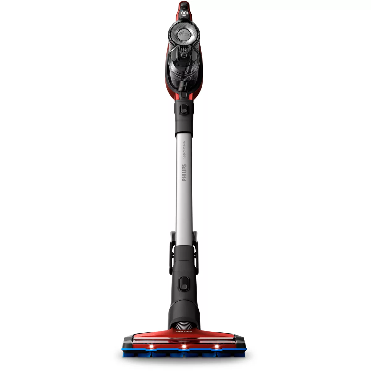 Kırmızı ve siyah kablosuz bir elektrikli süpürge dik duruyor, "PHILIPS" marka adı görülebilir.