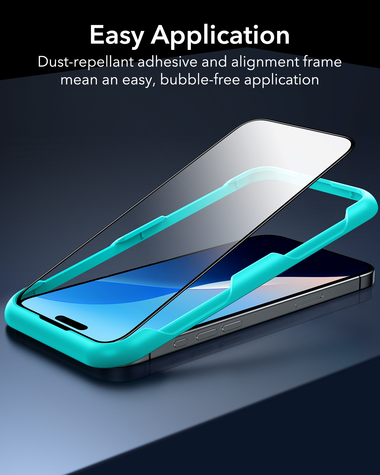 Un telefono con cornice color teal, protezione schermo e scatola, facile applicazione.