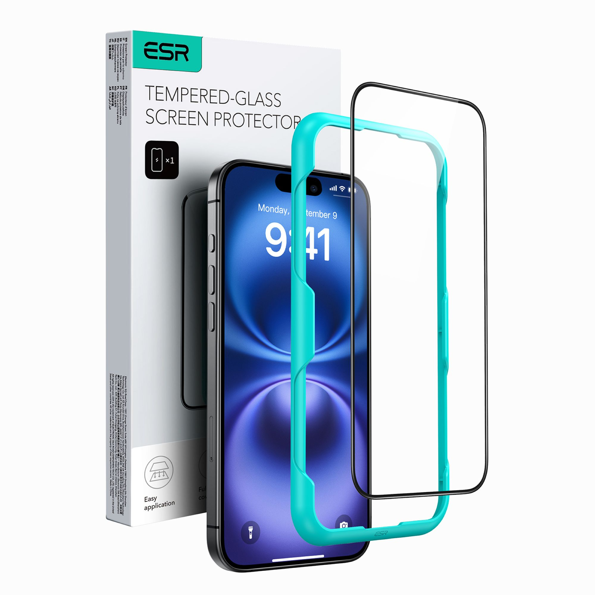 Un telefono con un kit di applicazione per la protezione dello schermo e una cornice trasparente.