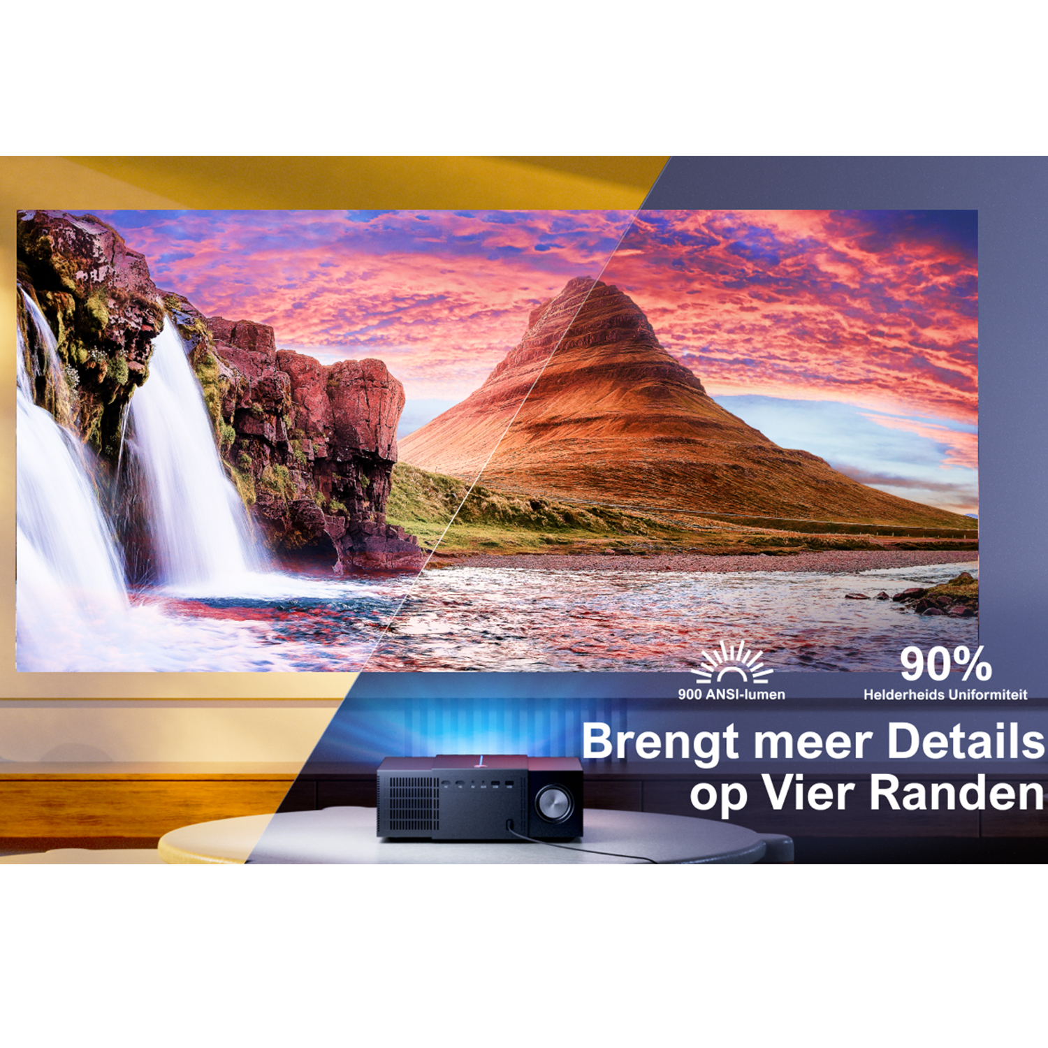 Een projector projecteert op een scherm met een waterval en bergen, met tekst overlay.
