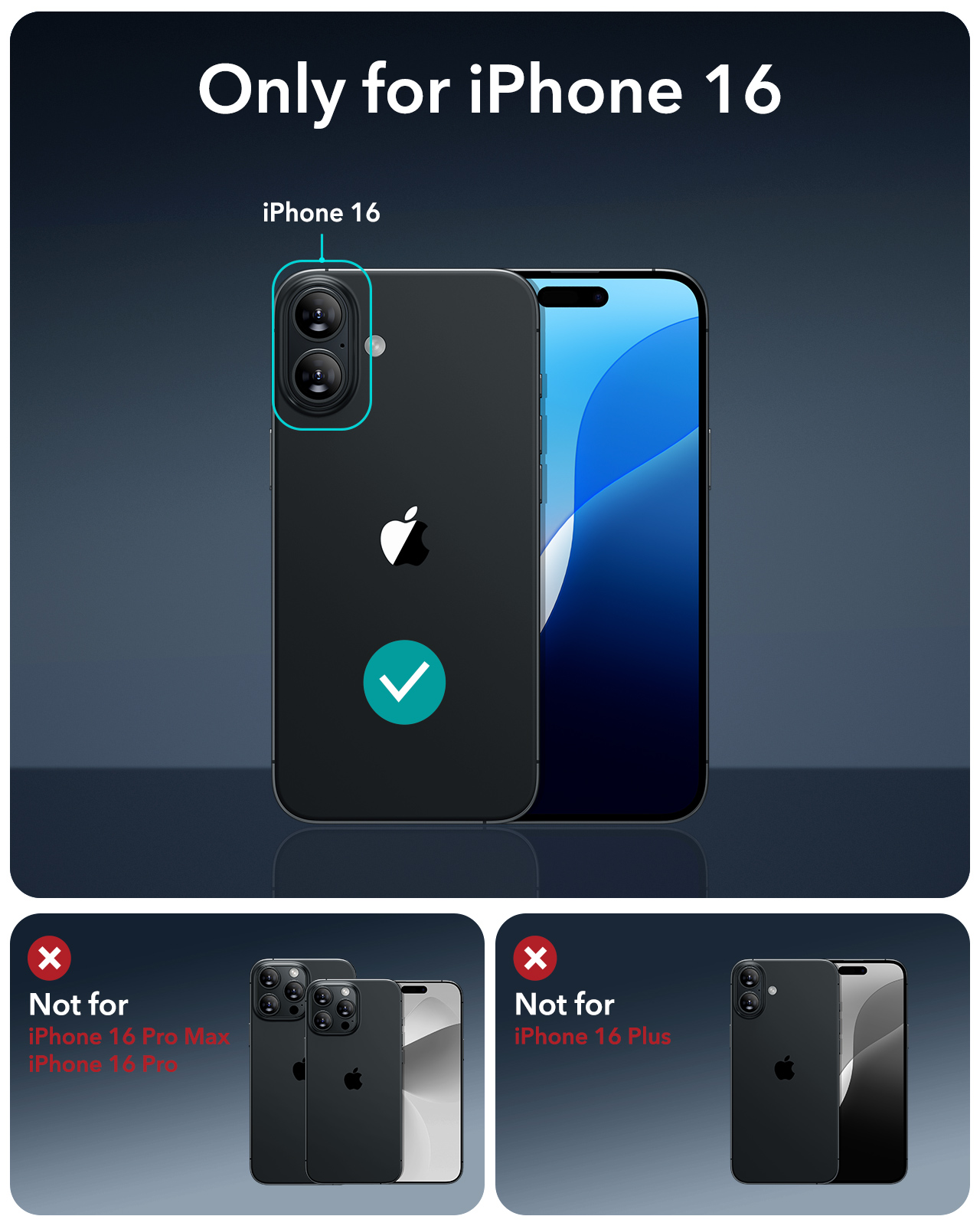 Immagine di iPhone 16 con custodia. Altri telefoni sono contrassegnati come non compatibili.
