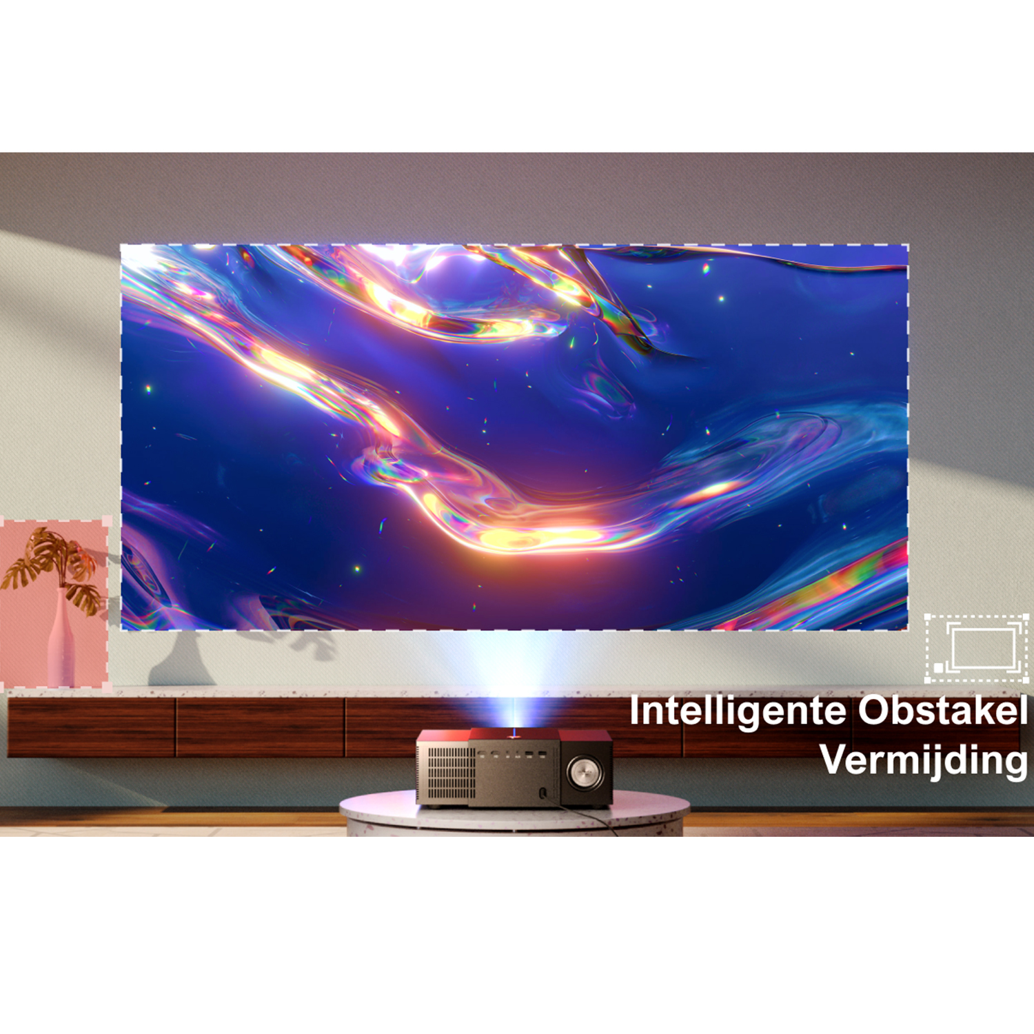 Projector projecting onto a wall with a colorful display.