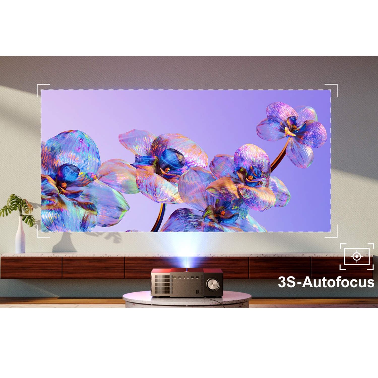 A projector displays a colorful flower image. A small projector sits below the screen. Text on the side says 3S-Autofocus.