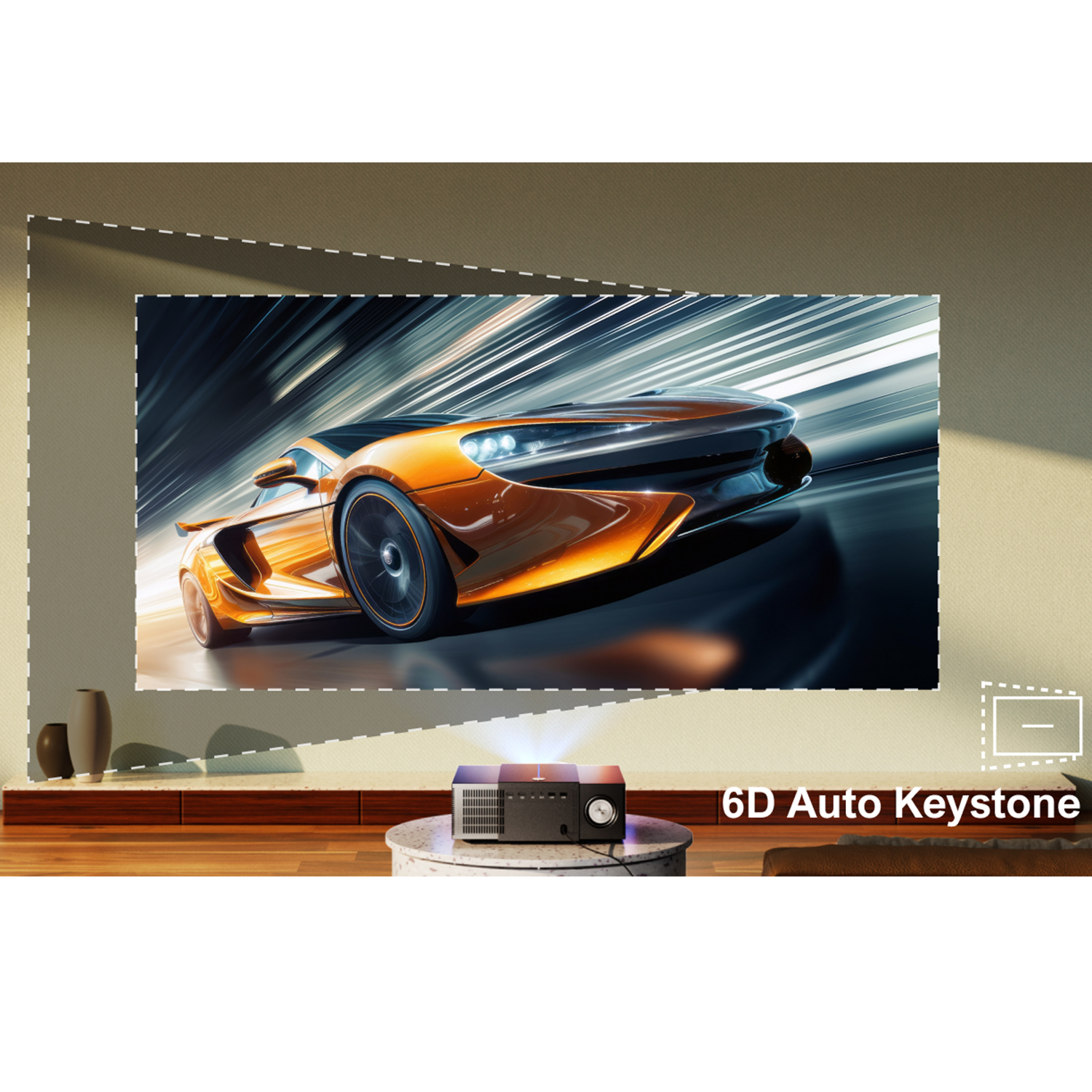 A projector projects a car image onto a wall. A projector sits on a table in front of the screen.