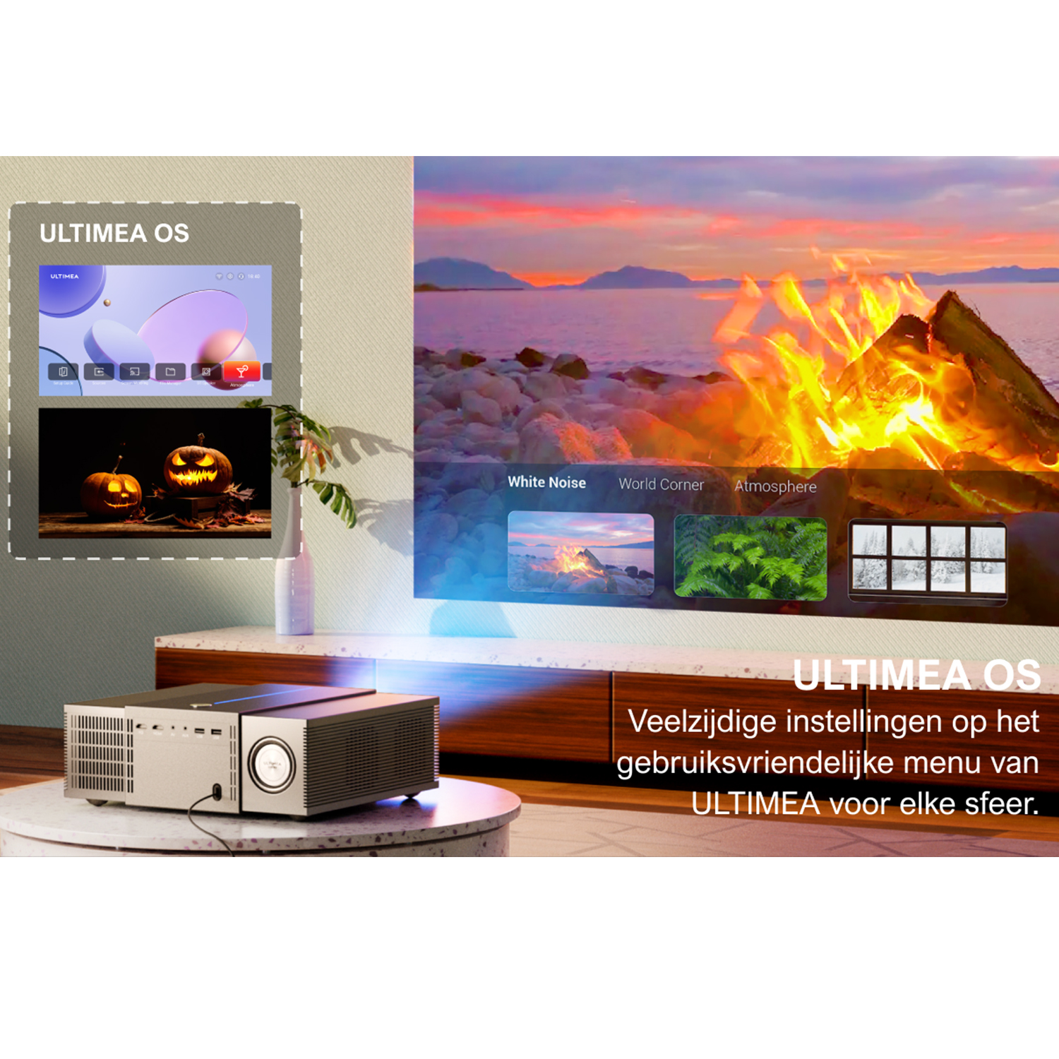 Projector toont OS-menu en afbeeldingen. Projector met scherm. Afbeeldingen van een kampvuur.