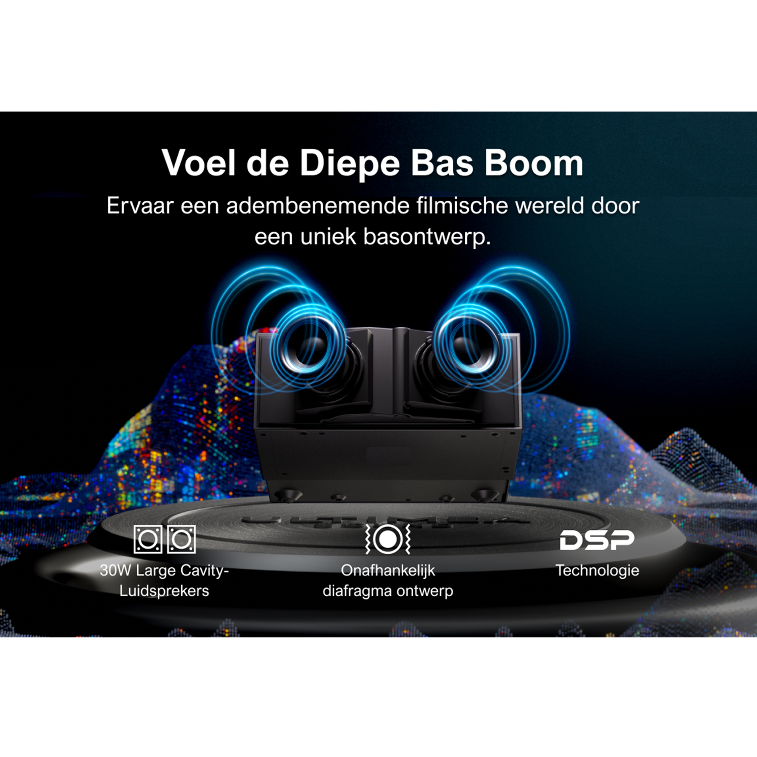 A black speaker system with glowing blue circles, and text describing sound features.