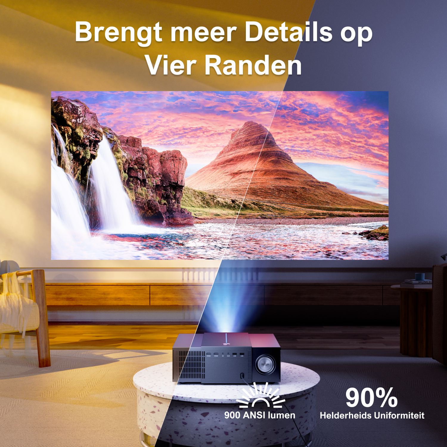 Projecteur projetant sur un écran une cascade et une montagne.