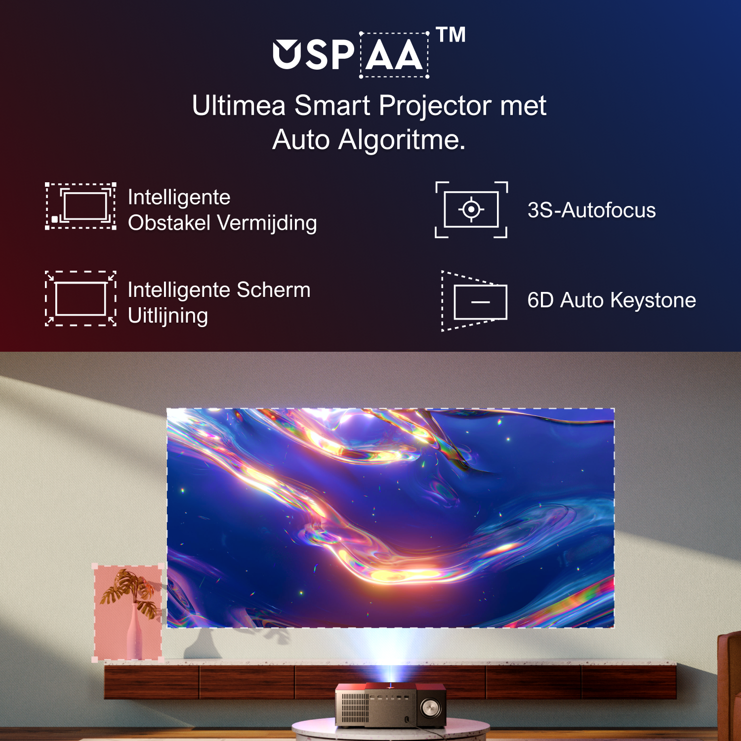 Un projecteur sur une table projetant une image sur un mur. Des icônes pour les fonctionnalités sont affichées.