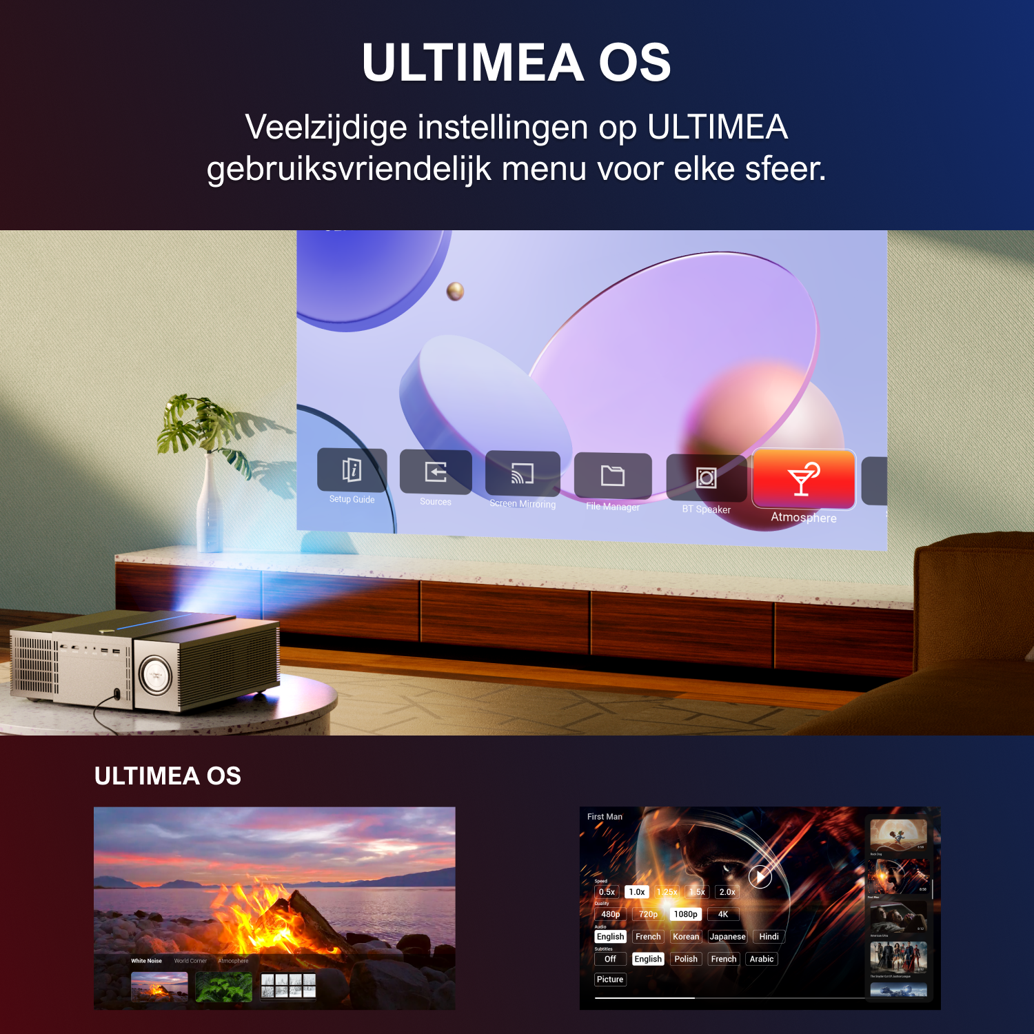 Un projecteur et un écran affichant un menu avec plusieurs options sur un fond blanc.