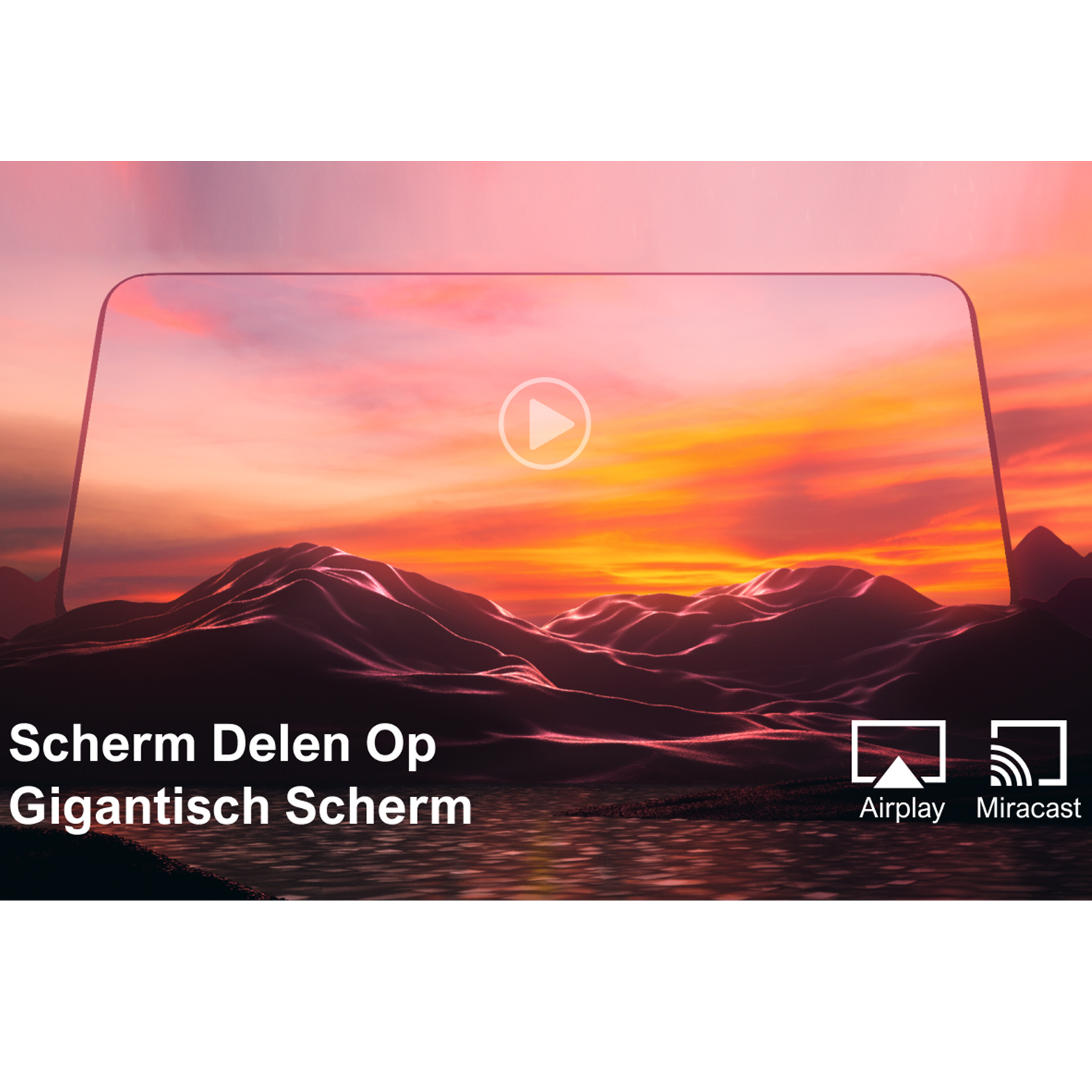 Een scherm toont een zonsondergang. De tekst 'Scherm delen op een gigantisch scherm' staat onderaan.