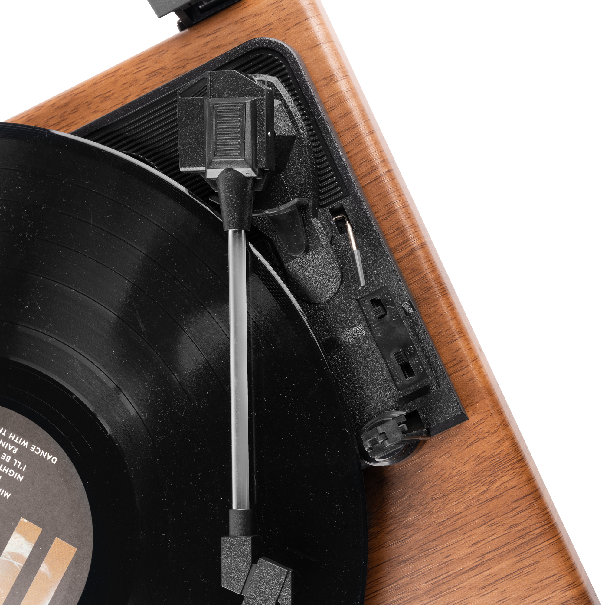 Plattenspieler mit Vinyl-Schallplatte, Nahaufnahme.